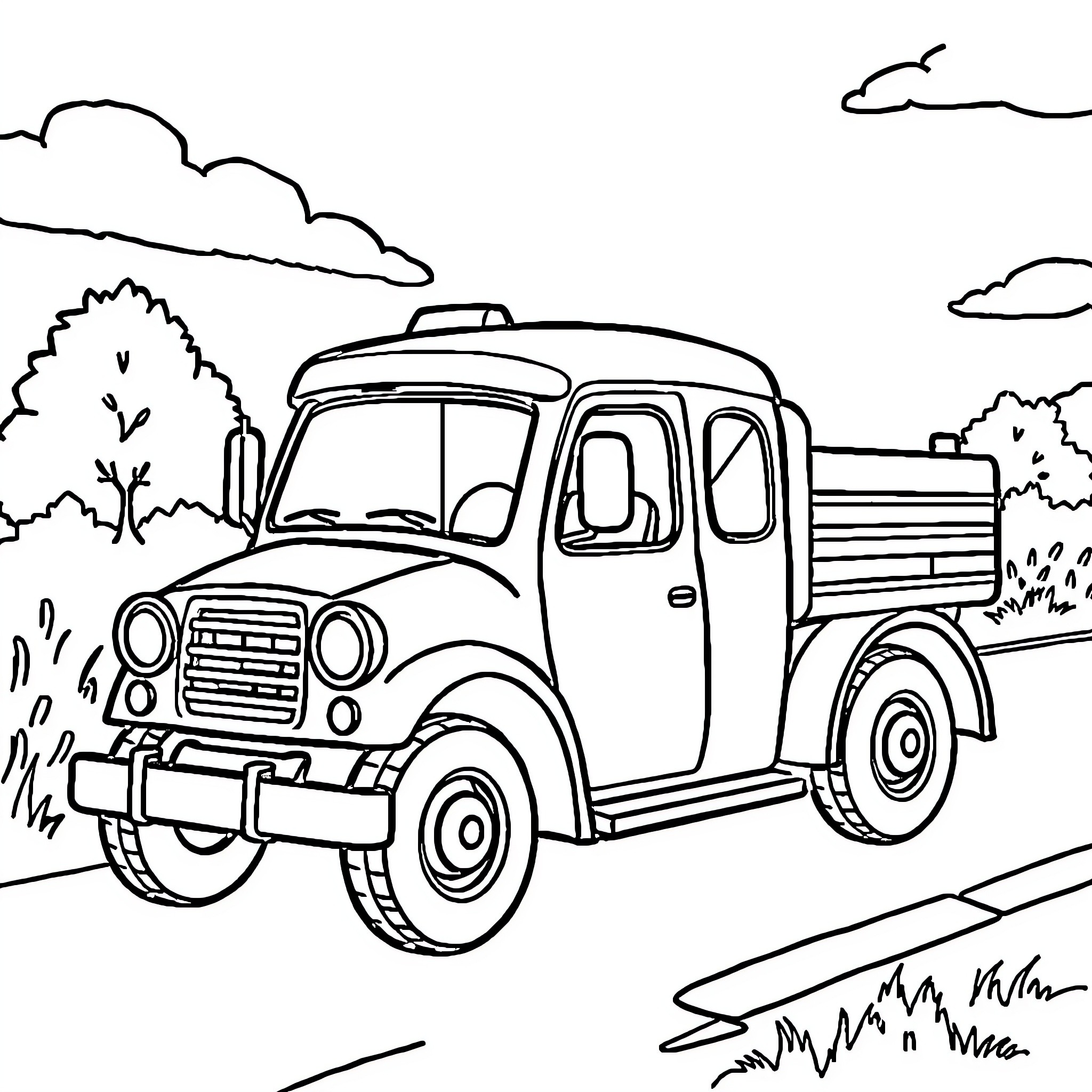 Vehicle hauling supplies on rural road Coloring Page (free black-and-white line drawing printable PDF for all, from beginners to advanced learners, including children, teens, adults, and seniors)