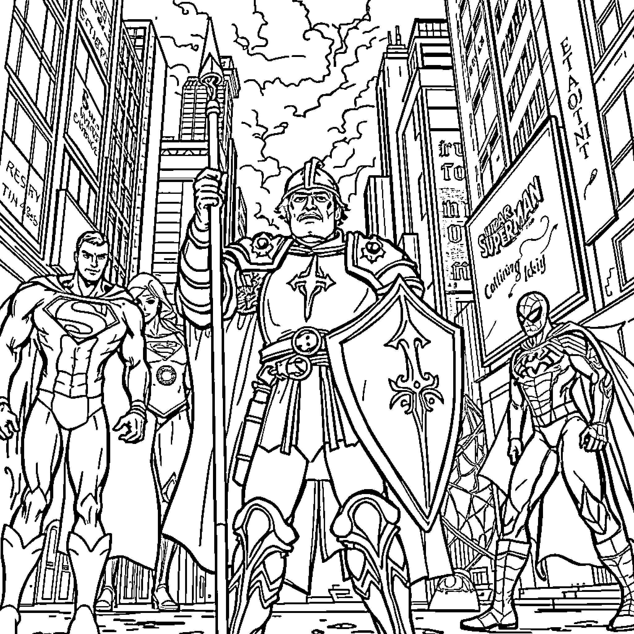 Don Quijote's Heroic Quest in the Modern City Coloring Page (free black-and-white line drawing printable PDF for all, from beginners to advanced learners, including children, teens, adults, and seniors)