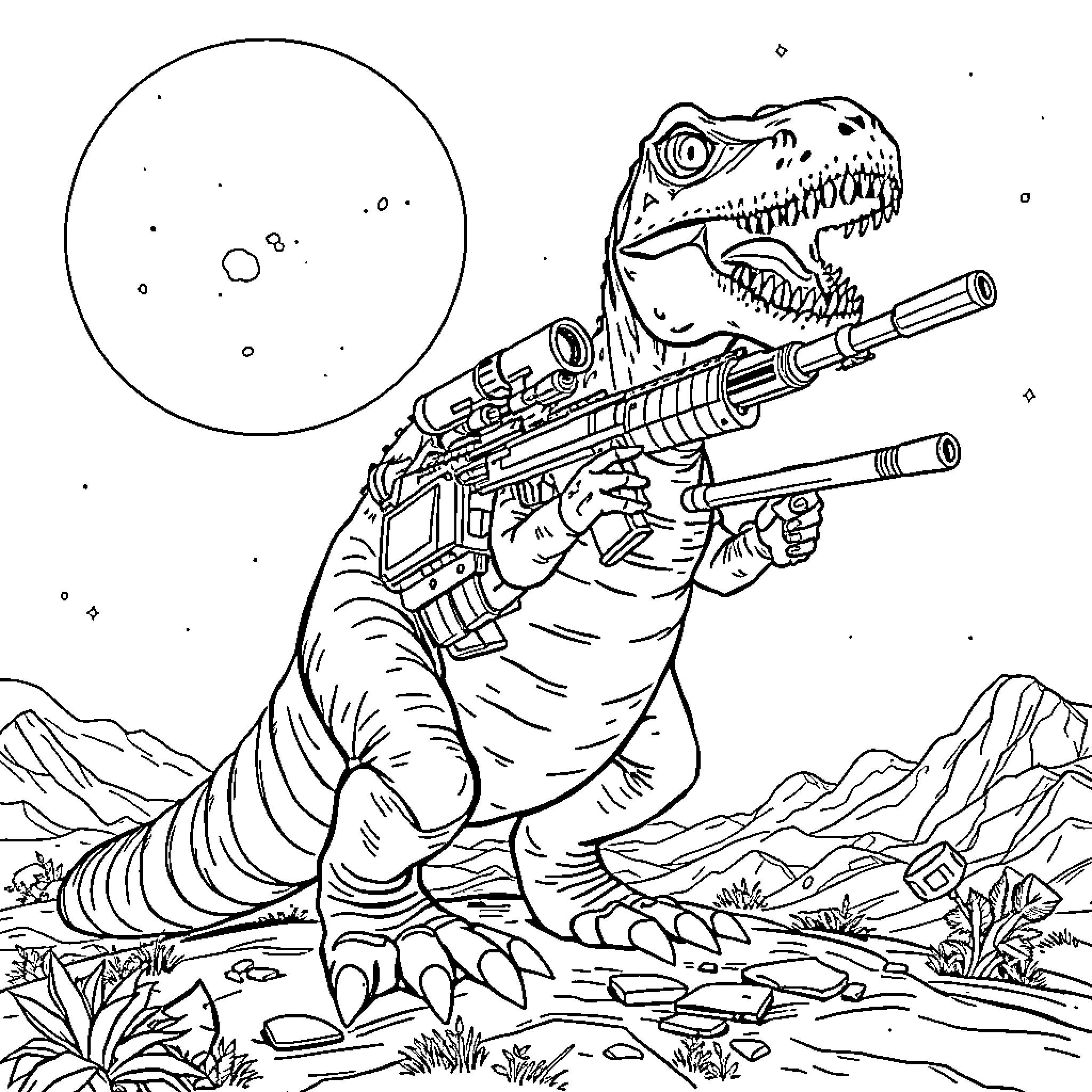 Dinosaur Wielding Futuristic Weapon in Alien Landscape Coloring Page (free black-and-white line drawing printable PDF for all, from beginners to advanced learners, including children, teens, adults, and seniors)