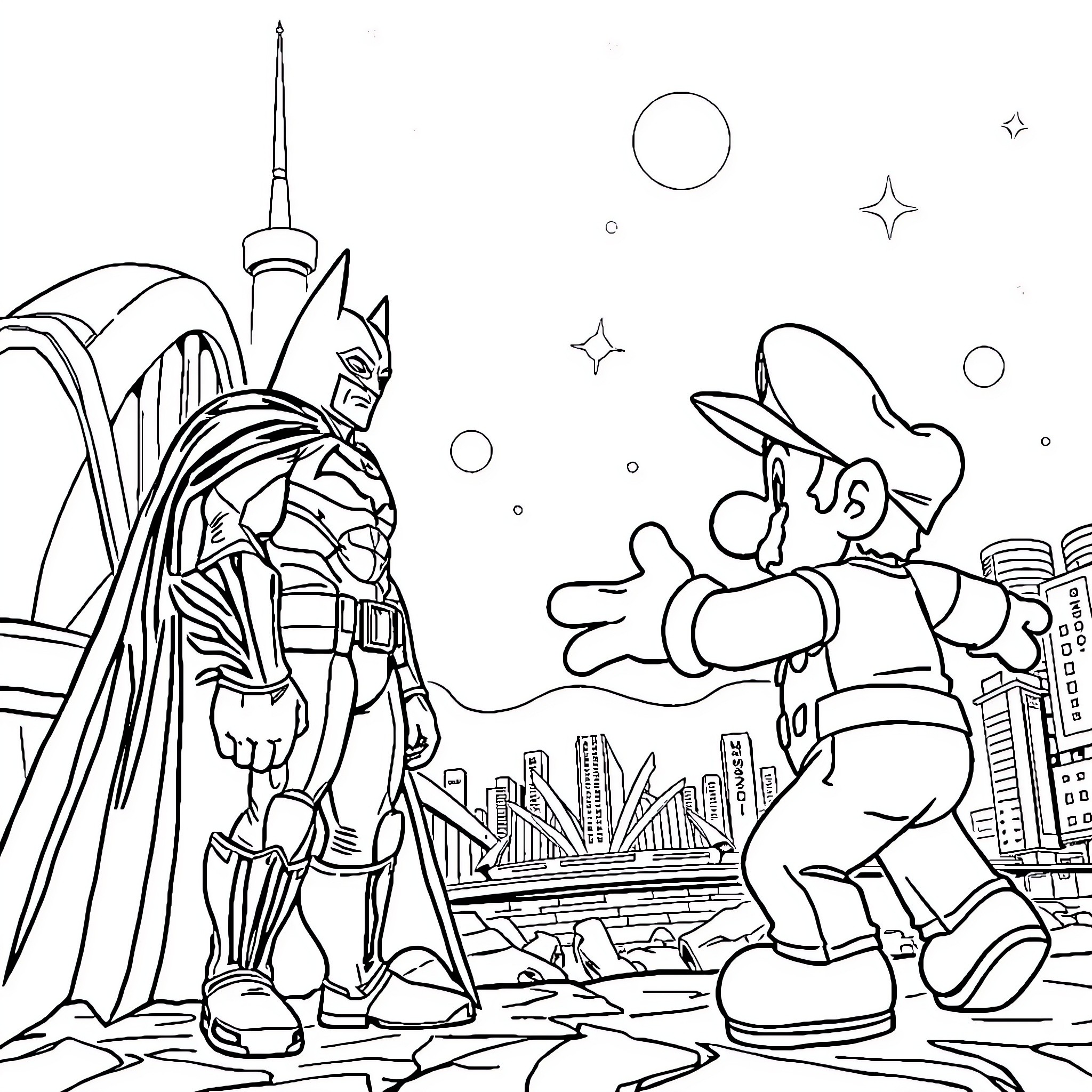 Batman Battles with Cartoon Character in Cityscape Coloring Page (free black-and-white line drawing printable PDF for all, from beginners to advanced learners, including children, teens, adults, and seniors)