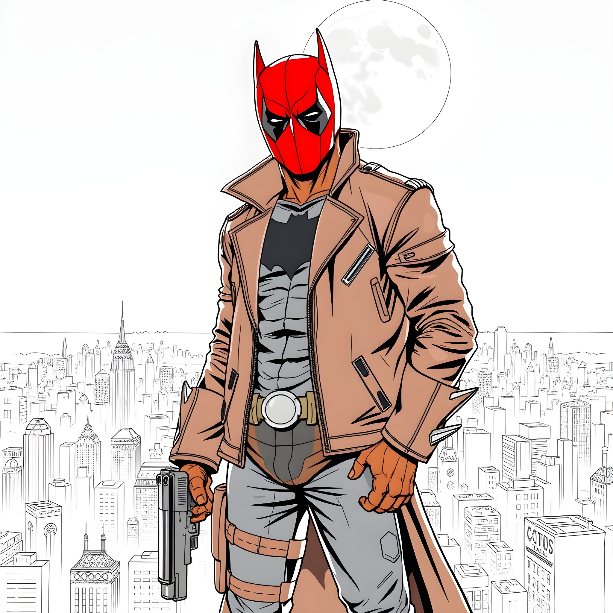 Red Hood Vigilante Overlooking the City Coloring Page (free black-and-white line drawing printable PDF for all, from beginners to advanced learners, including children, teens, adults, and seniors)