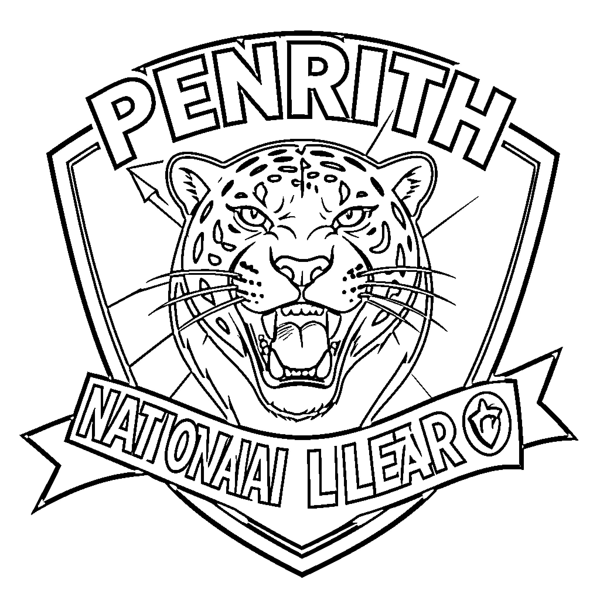 Penrith Panthers roaring jaguar emblem on a shield Coloring Page (free black-and-white line drawing printable PDF for all, from beginners to advanced learners, including children, teens, adults, and seniors)