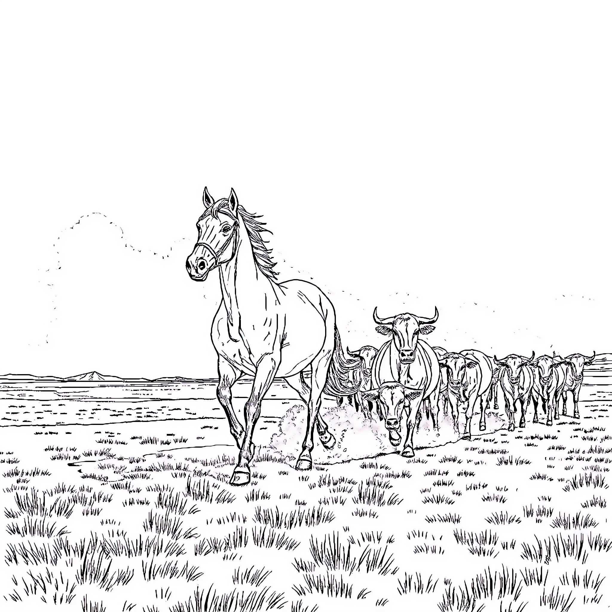 Horse leading a herd across the open field Coloring Page (free black-and-white line drawing printable PDF for all, from beginners to advanced learners, including children, teens, adults, and seniors)