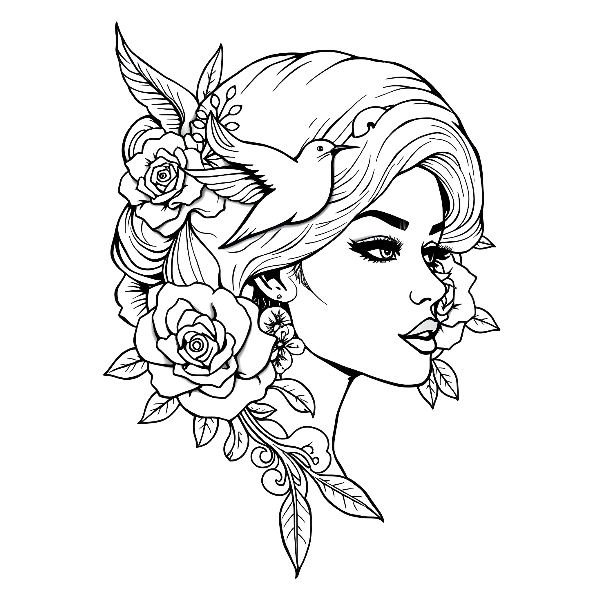 Tattoo of a woman with floral designs and a bird Coloring Page (free black-and-white line drawing printable PDF for all, from beginners to advanced learners, including children, teens, adults, and seniors)