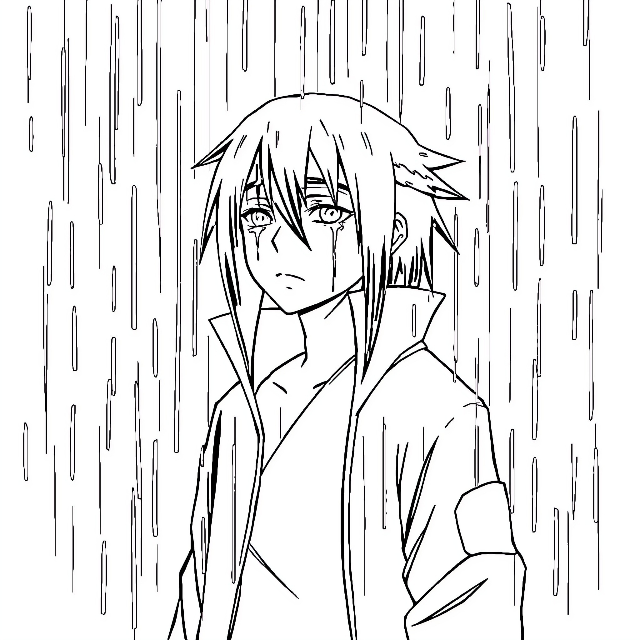 Itachi's Pensive Expression in the Rain Coloring Page (free black-and-white line drawing printable PDF for all, from beginners to advanced learners, including children, teens, adults, and seniors)
