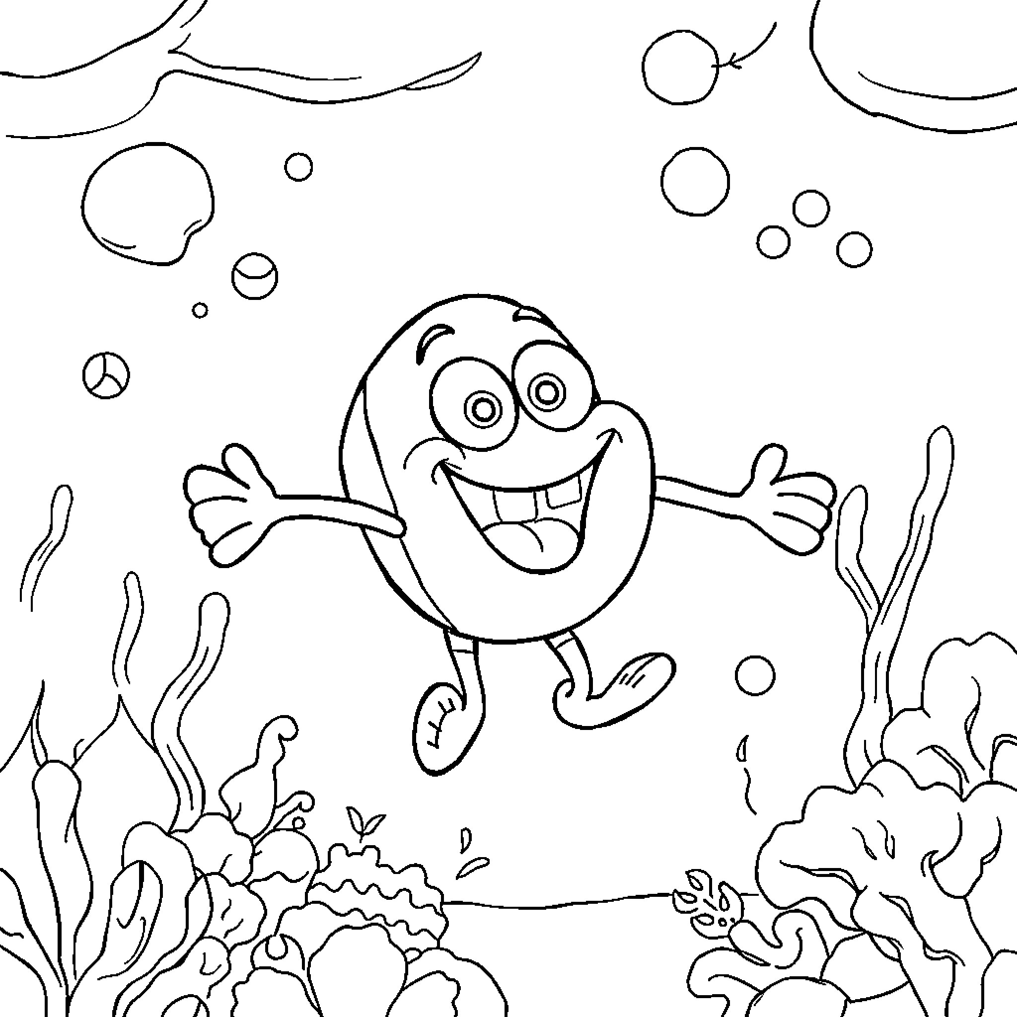 Spongebob character swimming happily in the ocean Coloring Page (free black-and-white line drawing printable PDF for all, from beginners to advanced learners, including children, teens, adults, and seniors)