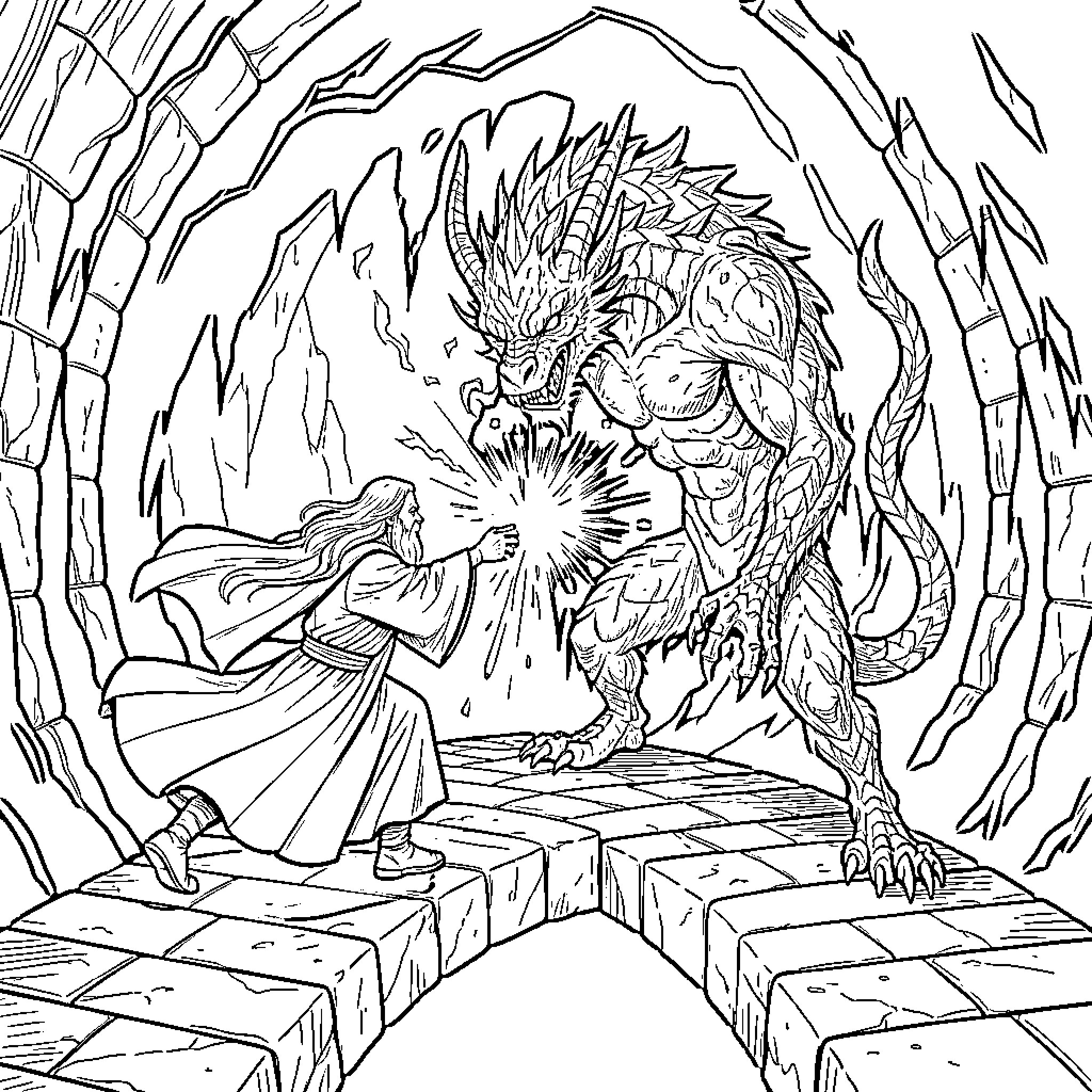 Gandalf facing a large dragon in a stone archway Coloring Page (free black-and-white line drawing printable PDF for all, from beginners to advanced learners, including children, teens, adults, and seniors)