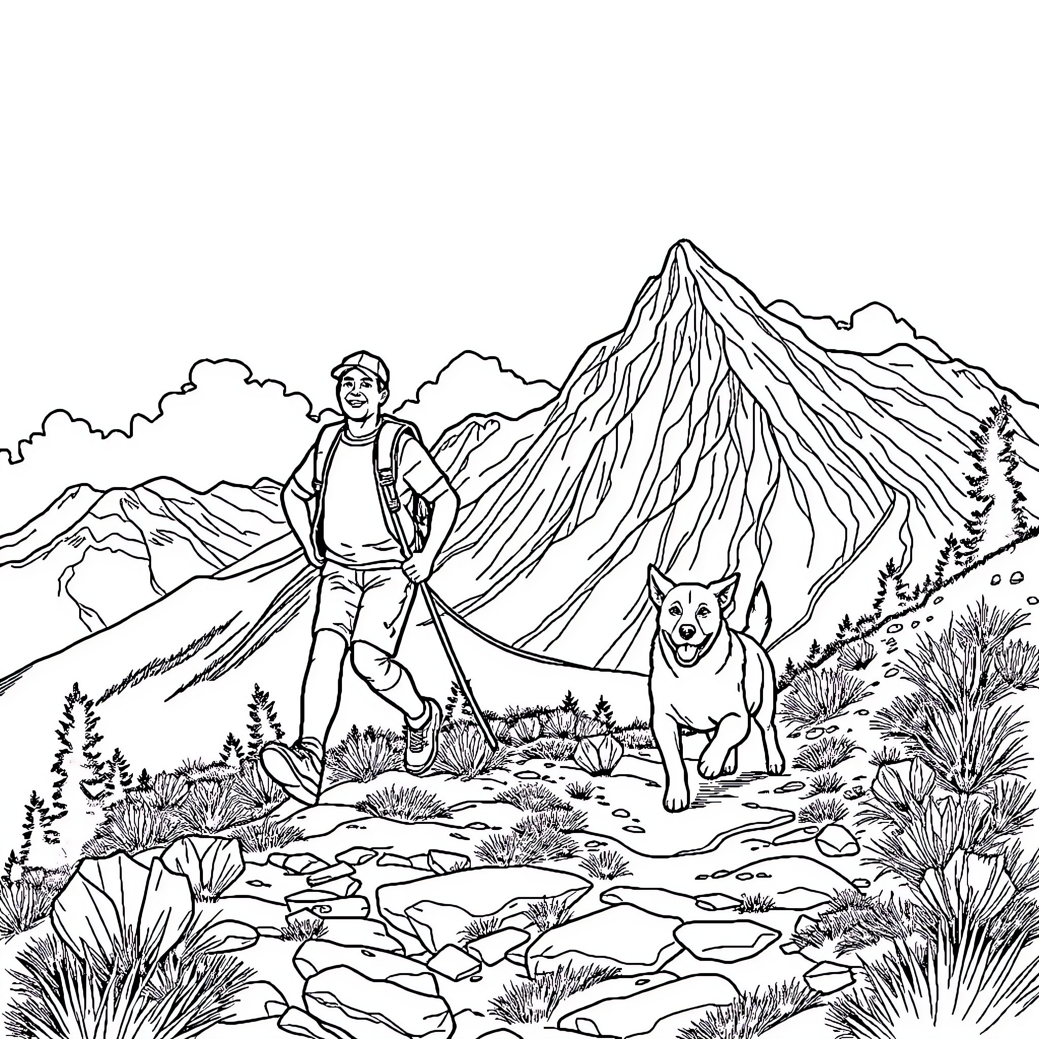 Man hiking in the mountains with his dog Coloring Page (free black-and-white line drawing printable PDF for all, from beginners to advanced learners, including children, teens, adults, and seniors)