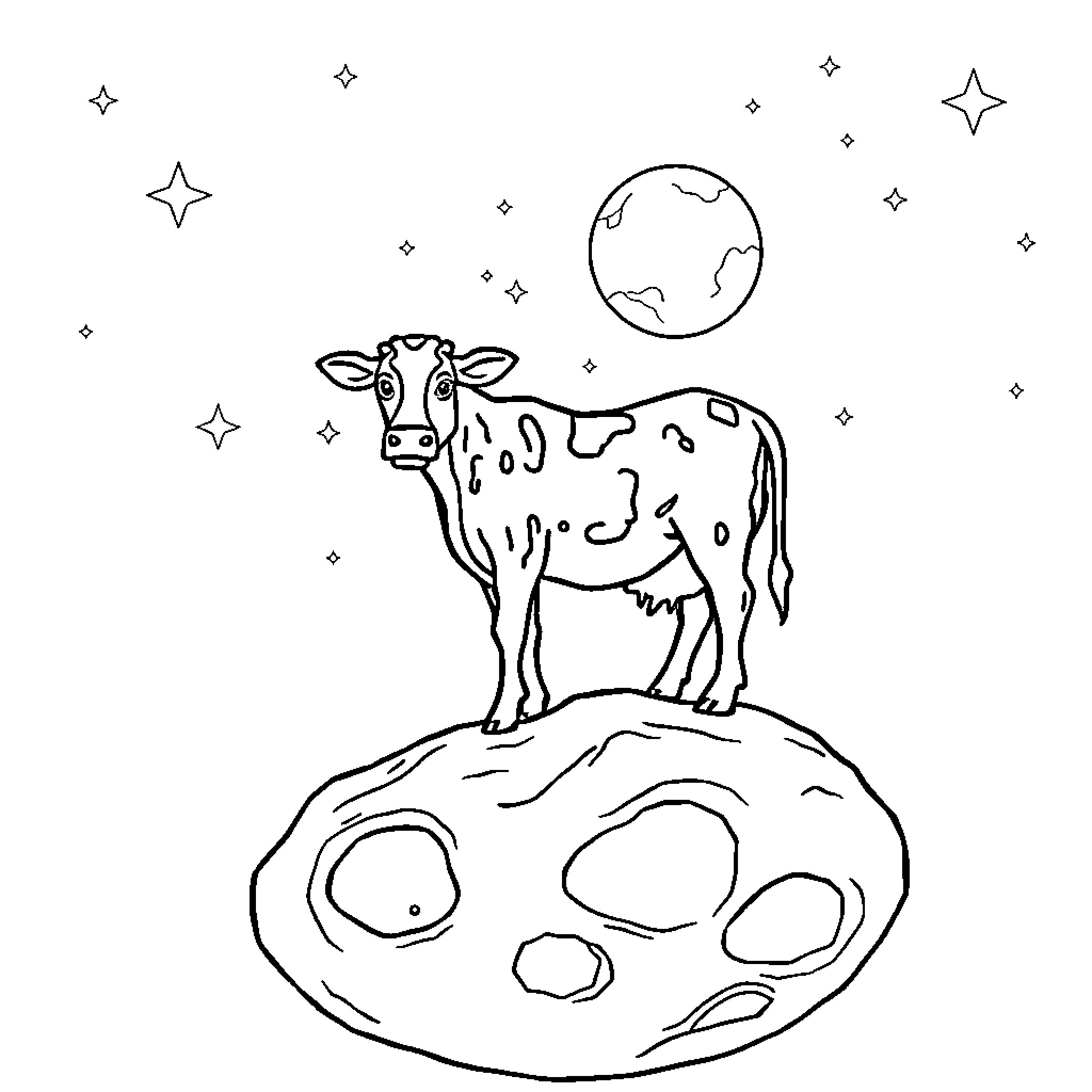 Cow standing on celestial landscape Coloring Page (free black-and-white line drawing printable PDF for all, from beginners to advanced learners, including children, teens, adults, and seniors)