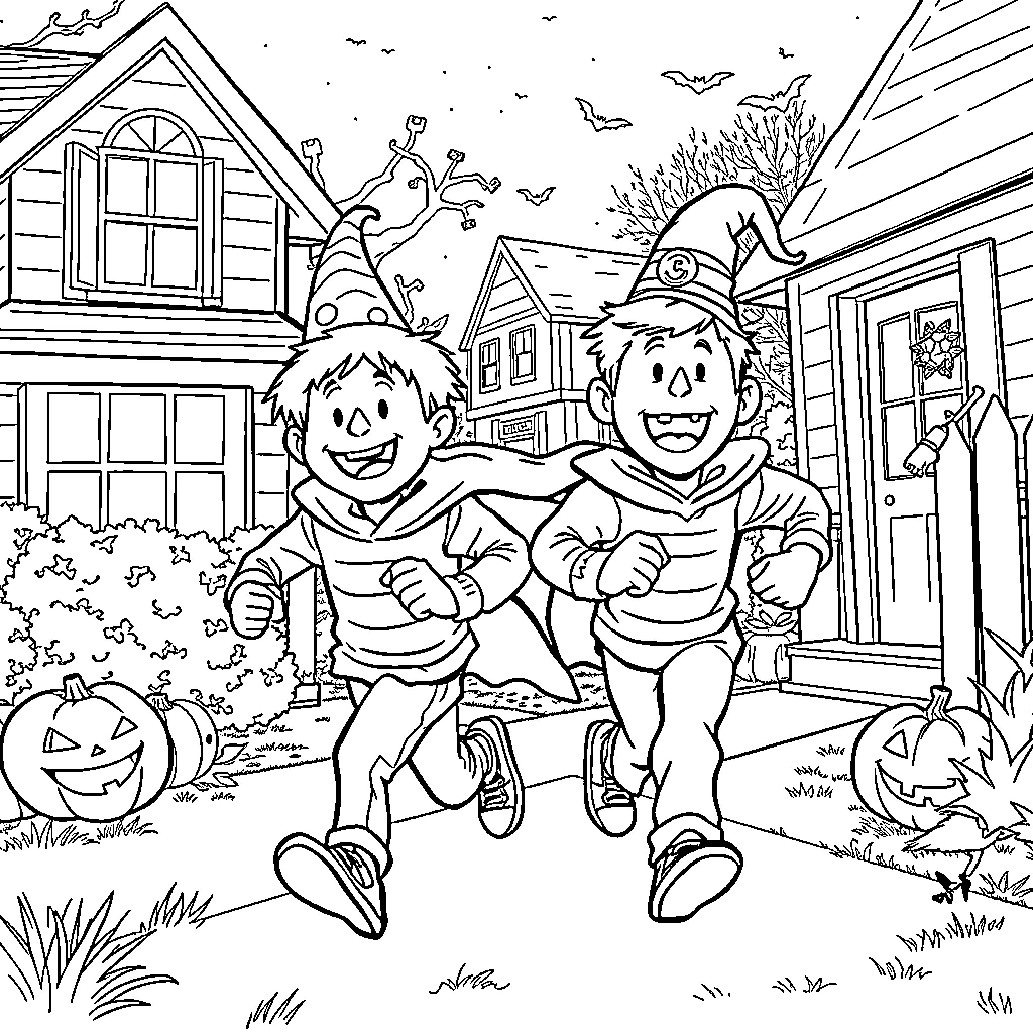 Wayne's Delightful Halloween Adventure Coloring Page (free black-and-white line drawing printable PDF for all, from beginners to advanced learners, including children, teens, adults, and seniors)