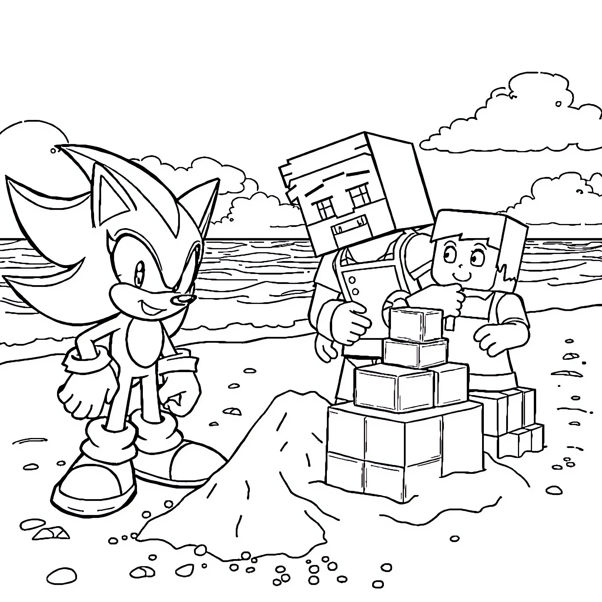 Shadow characters exploring the beach together Coloring Page (free black-and-white line drawing printable PDF for all, from beginners to advanced learners, including children, teens, adults, and seniors)
