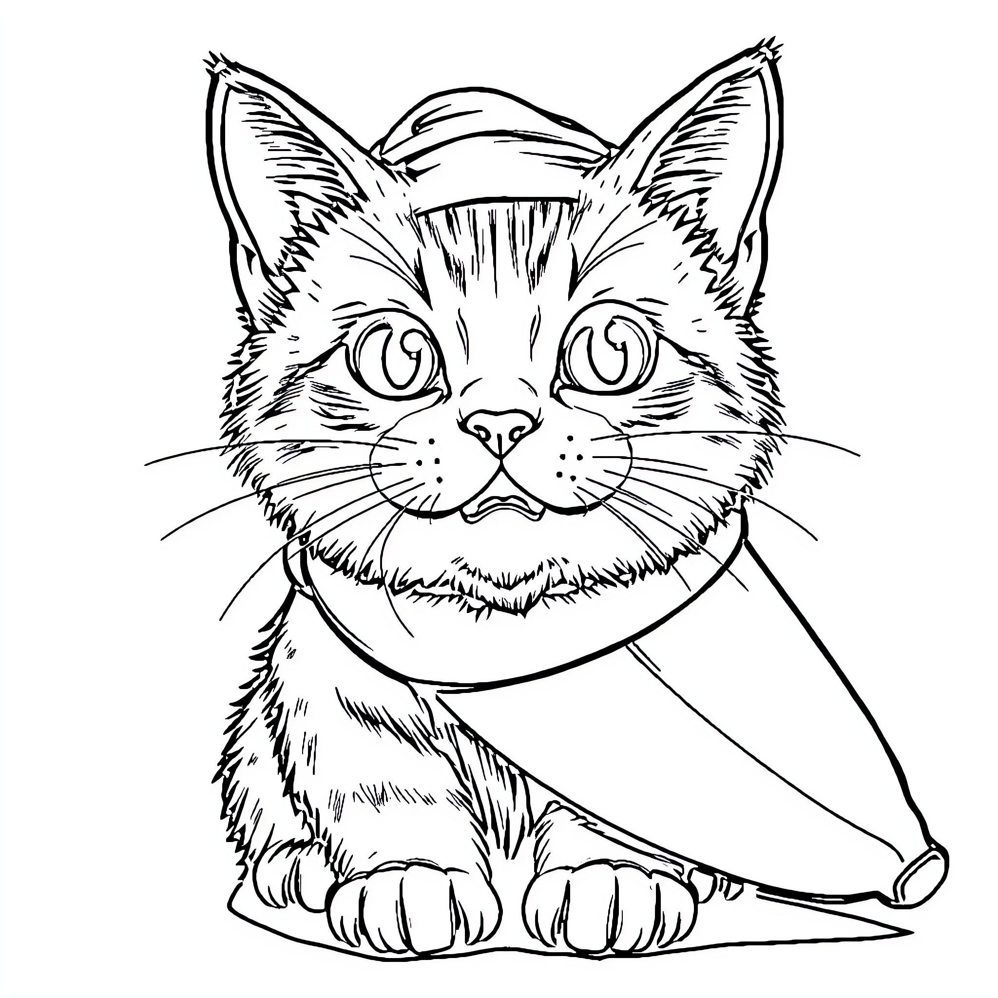 Cat in a cute scarf Coloring Page (free black-and-white line drawing printable PDF for all, from beginners to advanced learners, including children, teens, adults, and seniors)