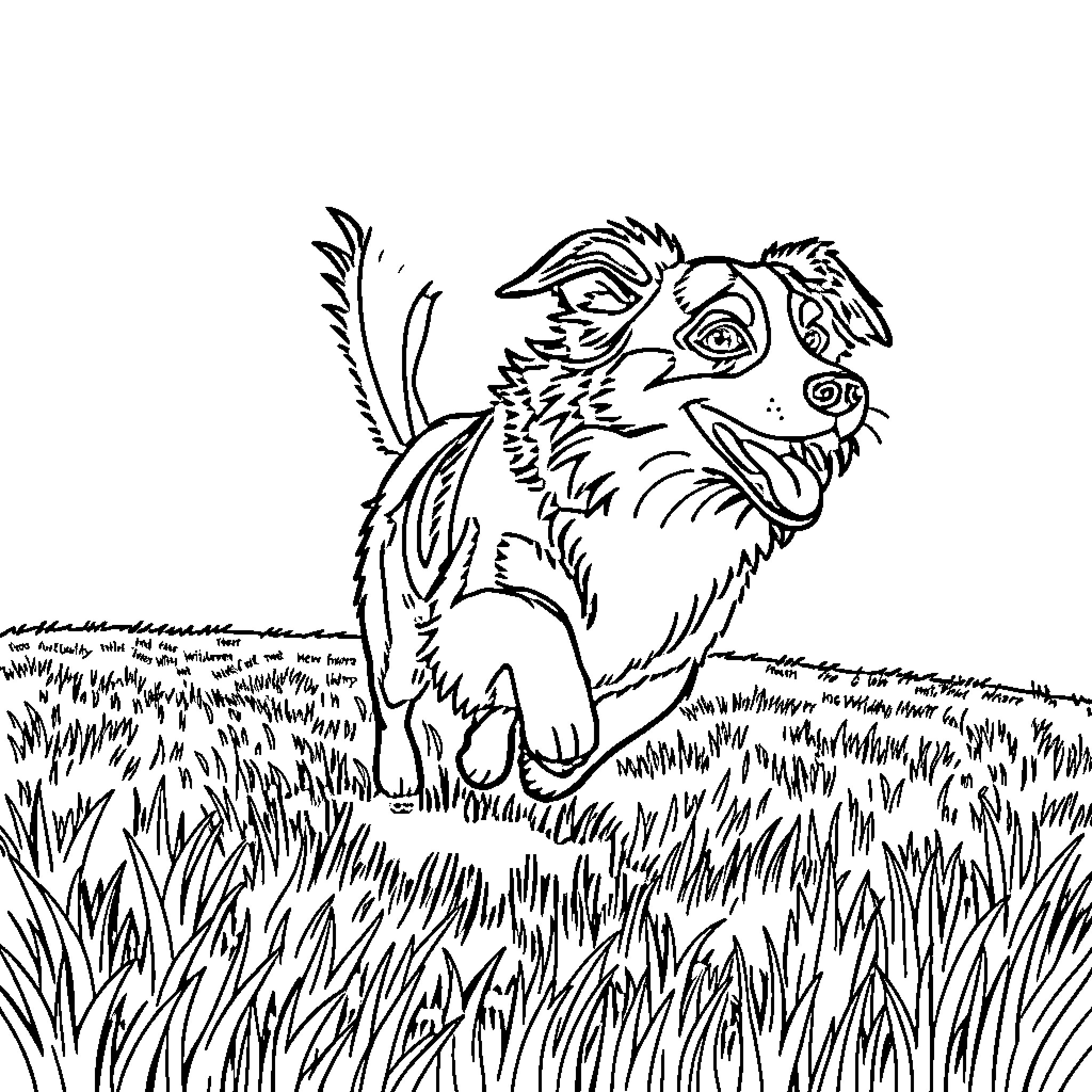 Australian Shepherd playing in grassy field Coloring Page (free black-and-white line drawing printable PDF for all, from beginners to advanced learners, including children, teens, adults, and seniors)