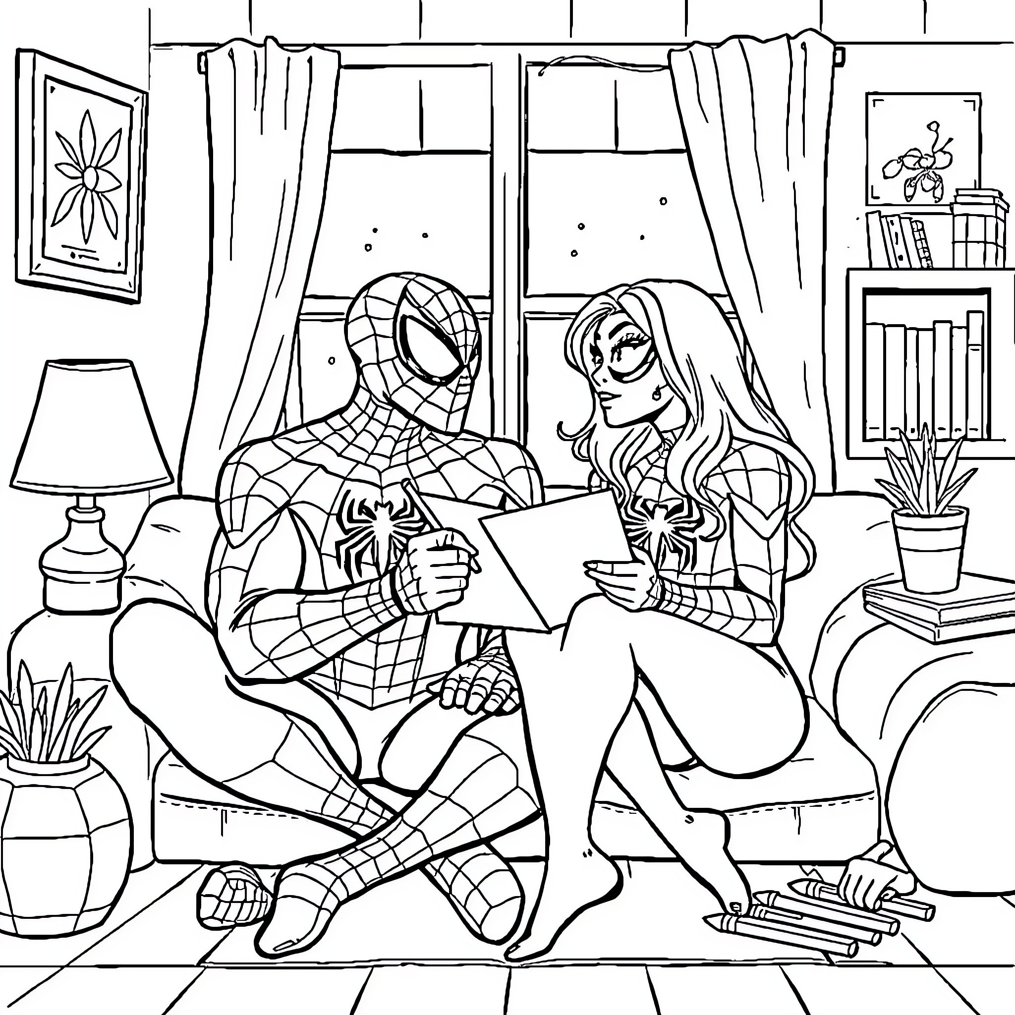 Spiderman and Spidergirl relaxing in cozy home setting Coloring Page (free black-and-white line drawing printable PDF for all, from beginners to advanced learners, including children, teens, adults, and seniors)