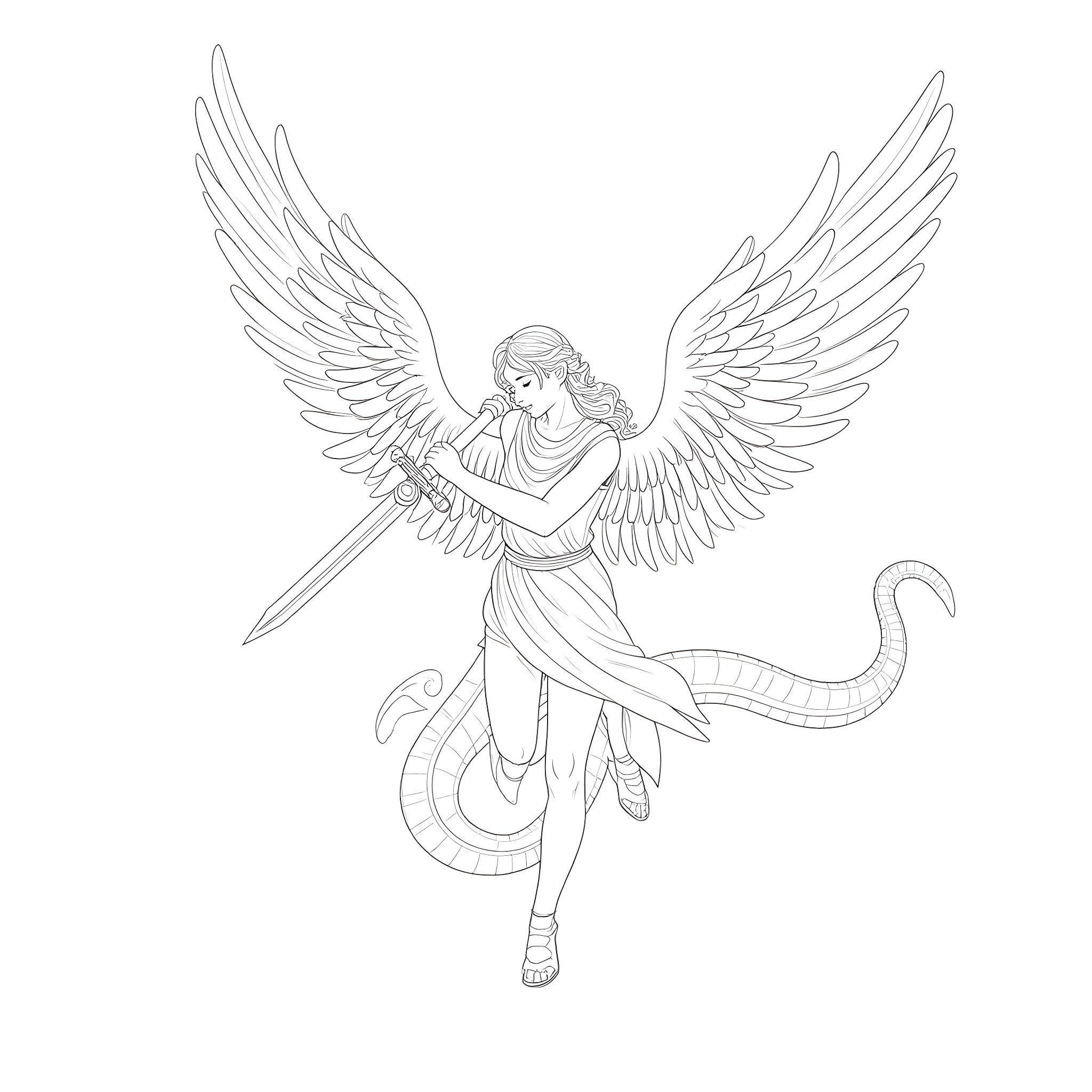 Angel warrior with wings and sword Coloring Page (free black-and-white line drawing printable PDF for all, from beginners to advanced learners, including children, teens, adults, and seniors)