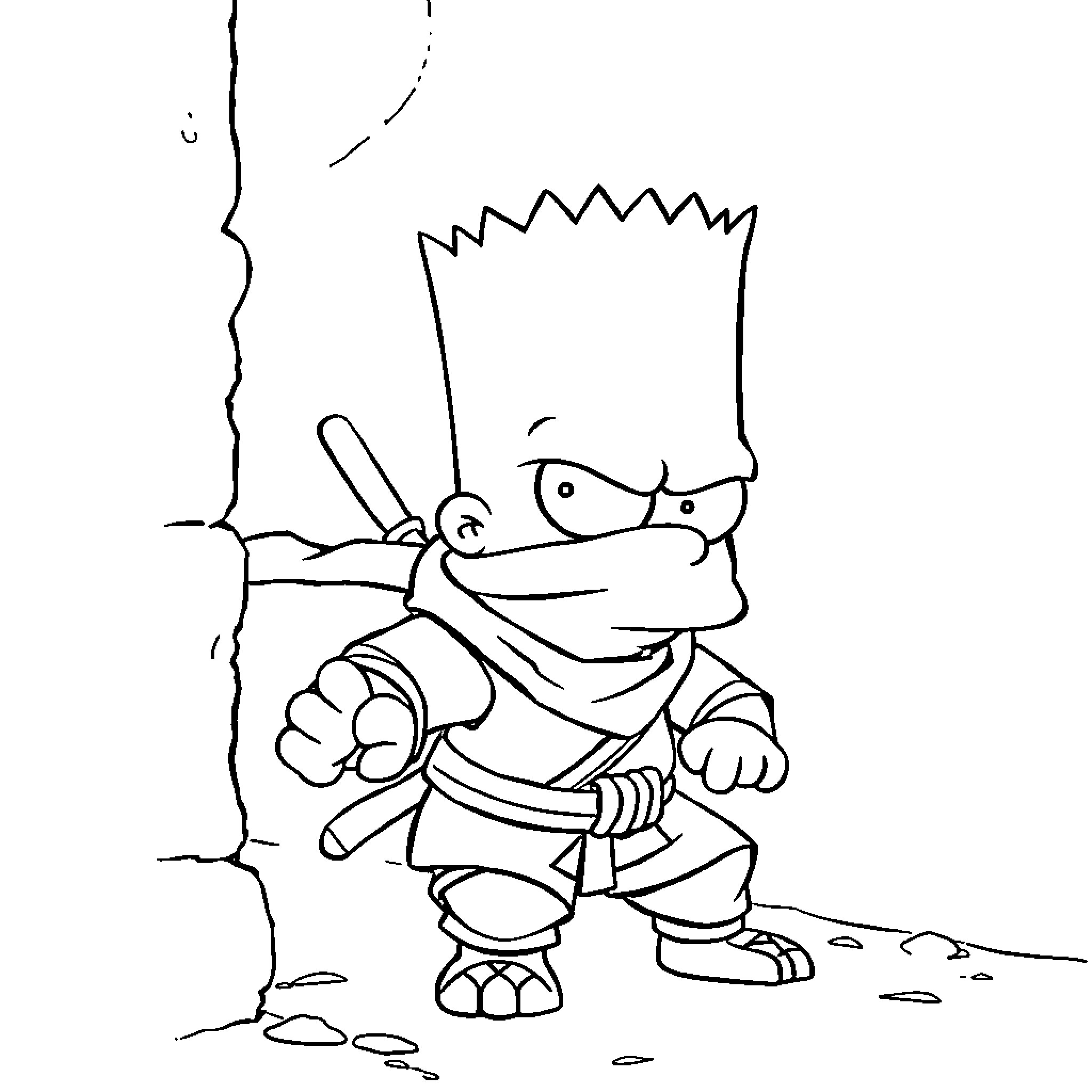 Bart in a fighting stance with a bat Coloring Page (free black-and-white line drawing printable PDF for all, from beginners to advanced learners, including children, teens, adults, and seniors)