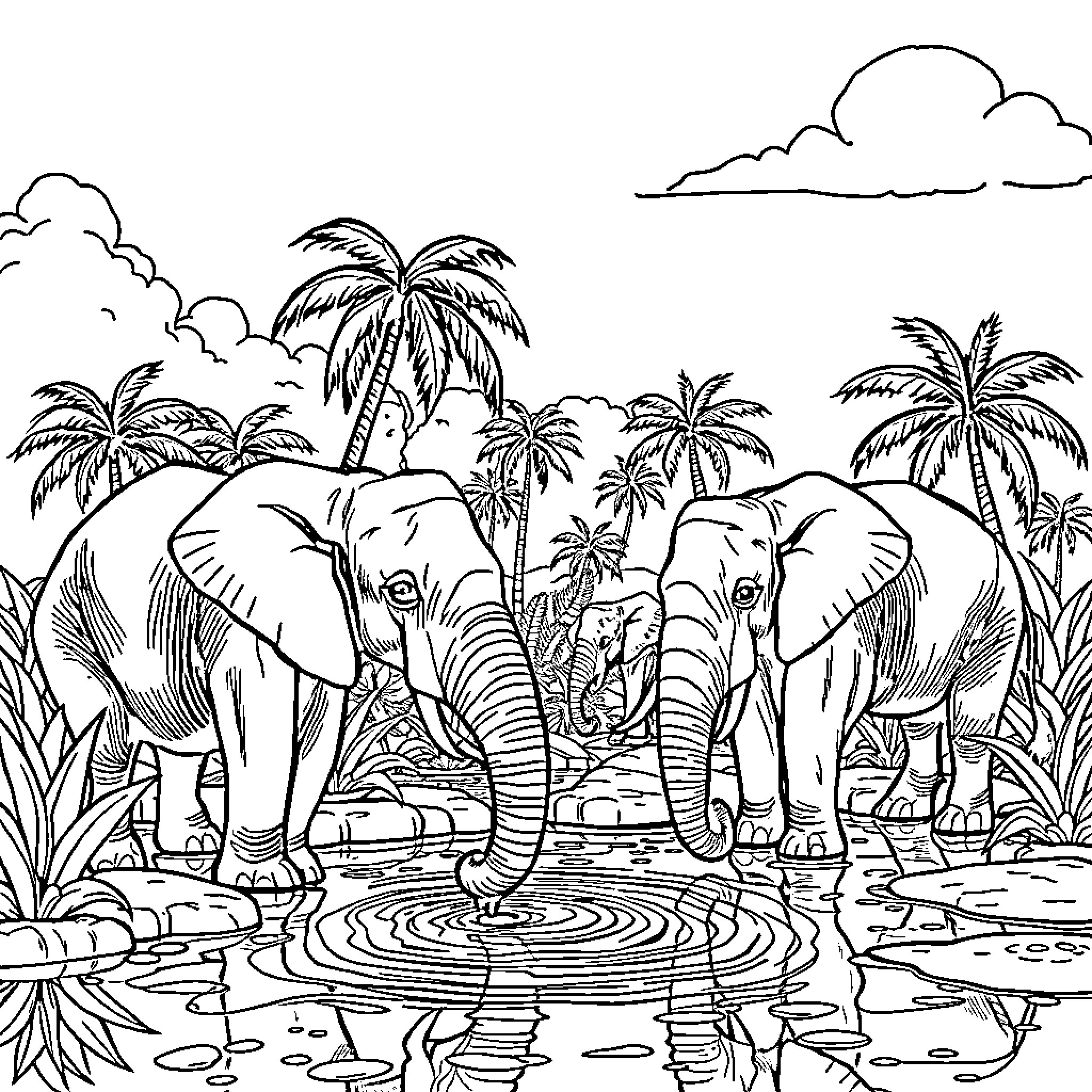 Elephant Family in Tropical Jungle Oasis Coloring Page (free black-and-white line drawing printable PDF for all, from beginners to advanced learners, including children, teens, adults, and seniors)