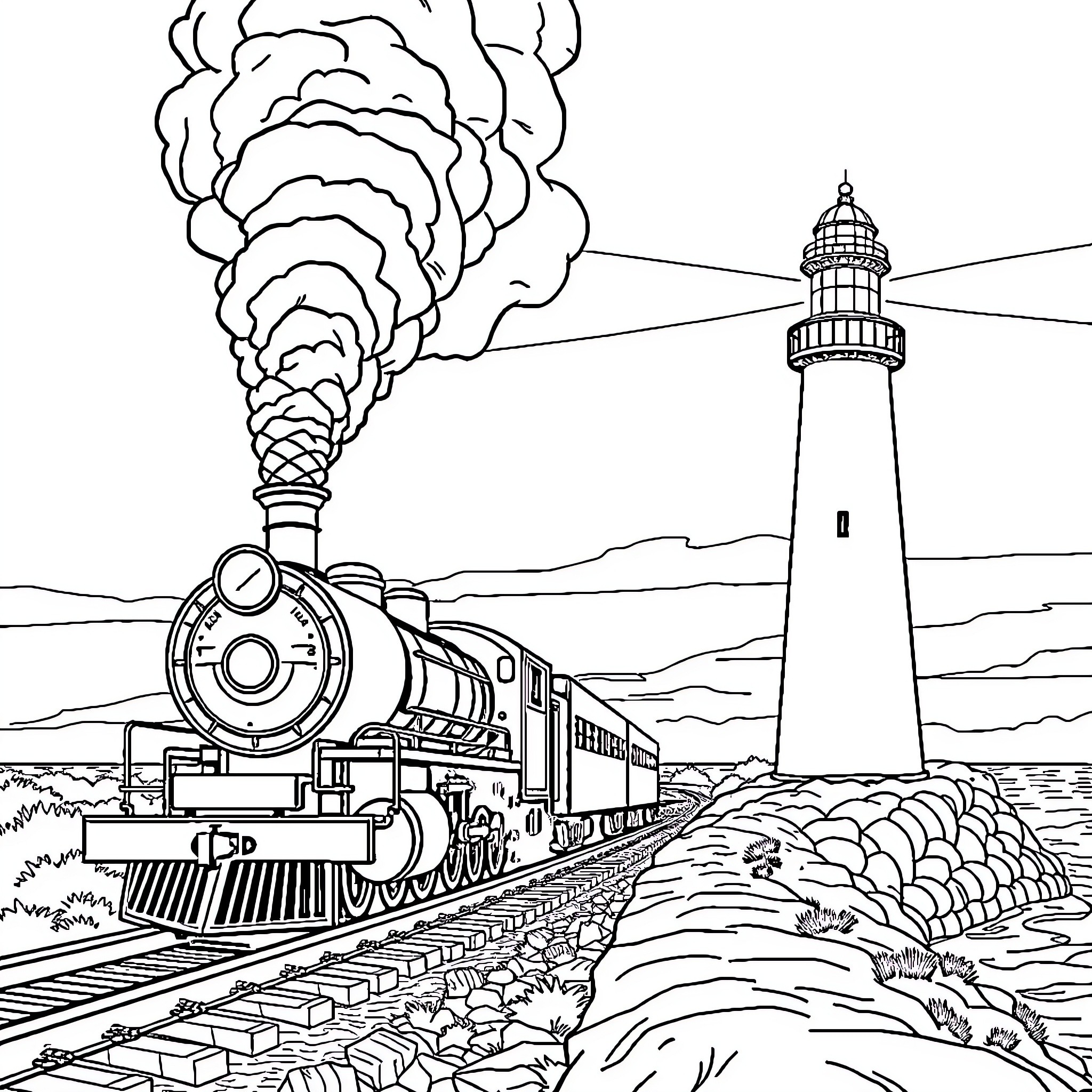 Train passing by lighthouse in scenic landscape Coloring Page (free black-and-white line drawing printable PDF for all, from beginners to advanced learners, including children, teens, adults, and seniors)