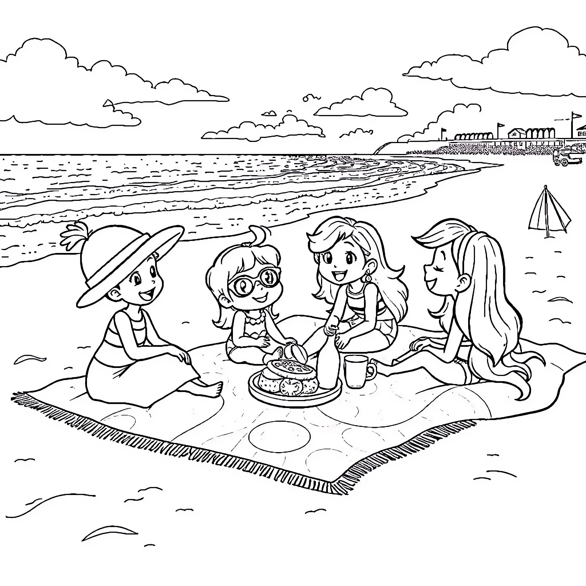Dandy Friends Enjoying a Picnic on the Beach Coloring Page (free black-and-white line drawing printable PDF for all, from beginners to advanced learners, including children, teens, adults, and seniors)