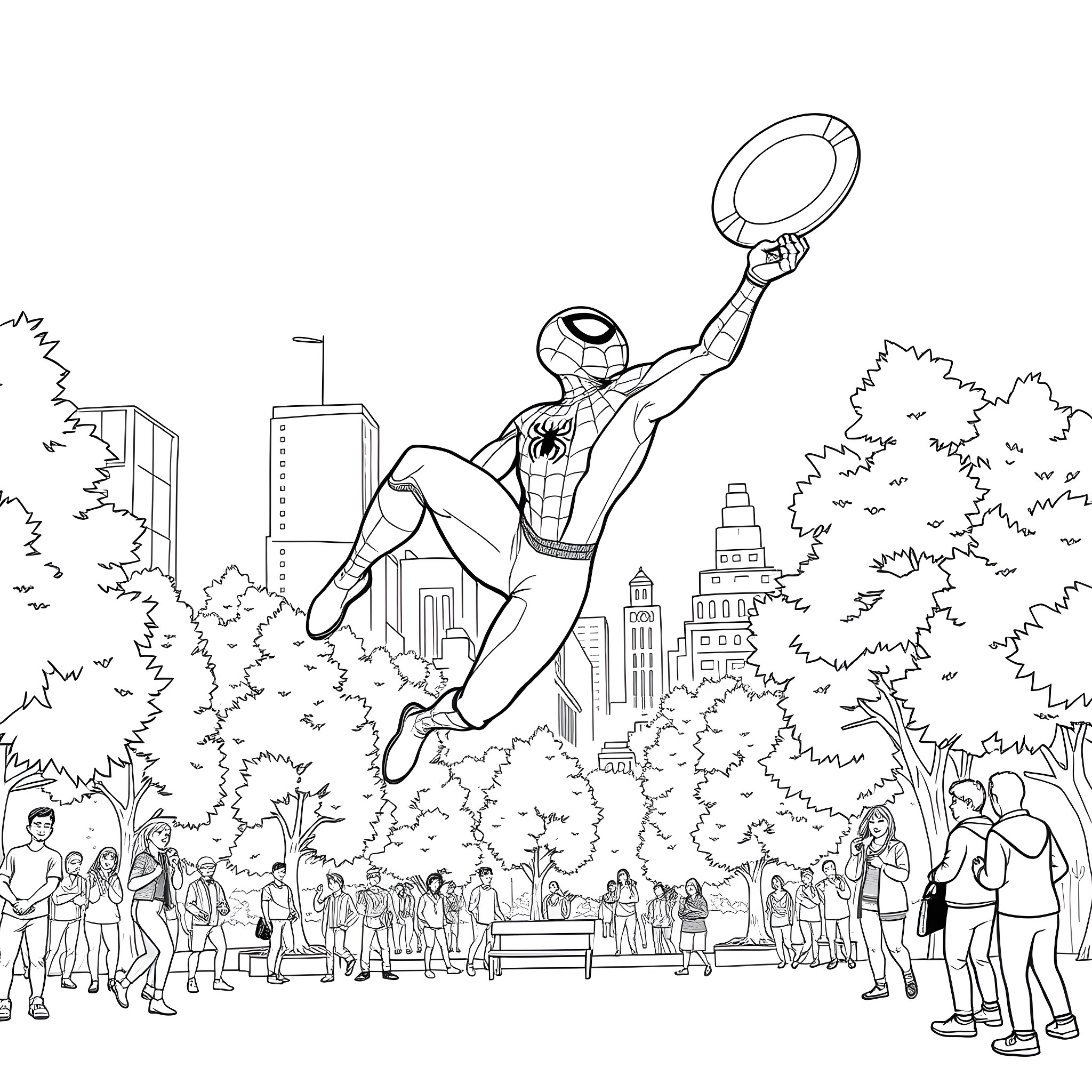 Spiderman swinging through the city and entertaining onlookers Coloring Page (free black-and-white line drawing printable PDF for all, from beginners to advanced learners, including children, teens, adults, and seniors)