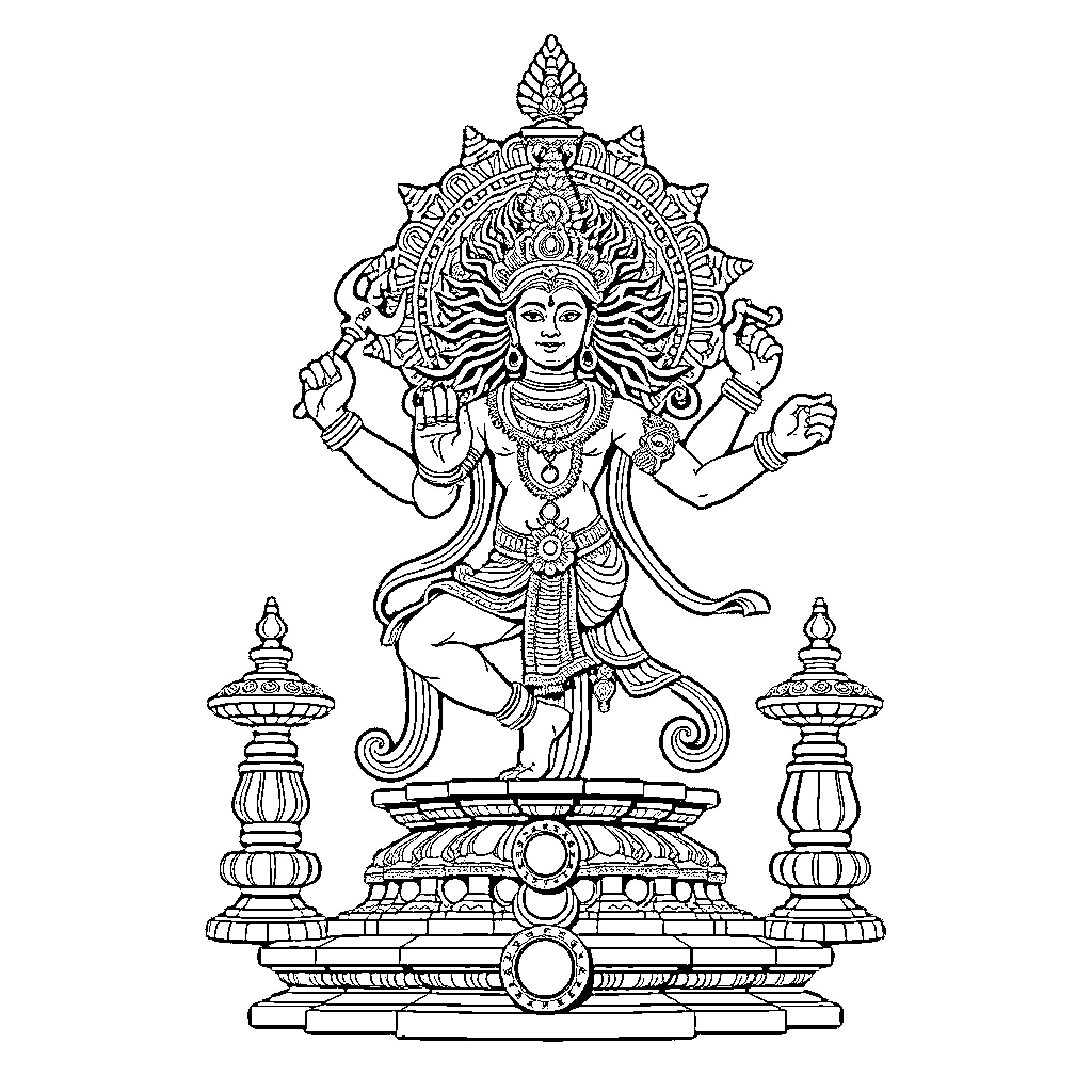 Nataraja, the cosmic dancer in divine pose Coloring Page (free black-and-white line drawing printable PDF for all, from beginners to advanced learners, including children, teens, adults, and seniors)