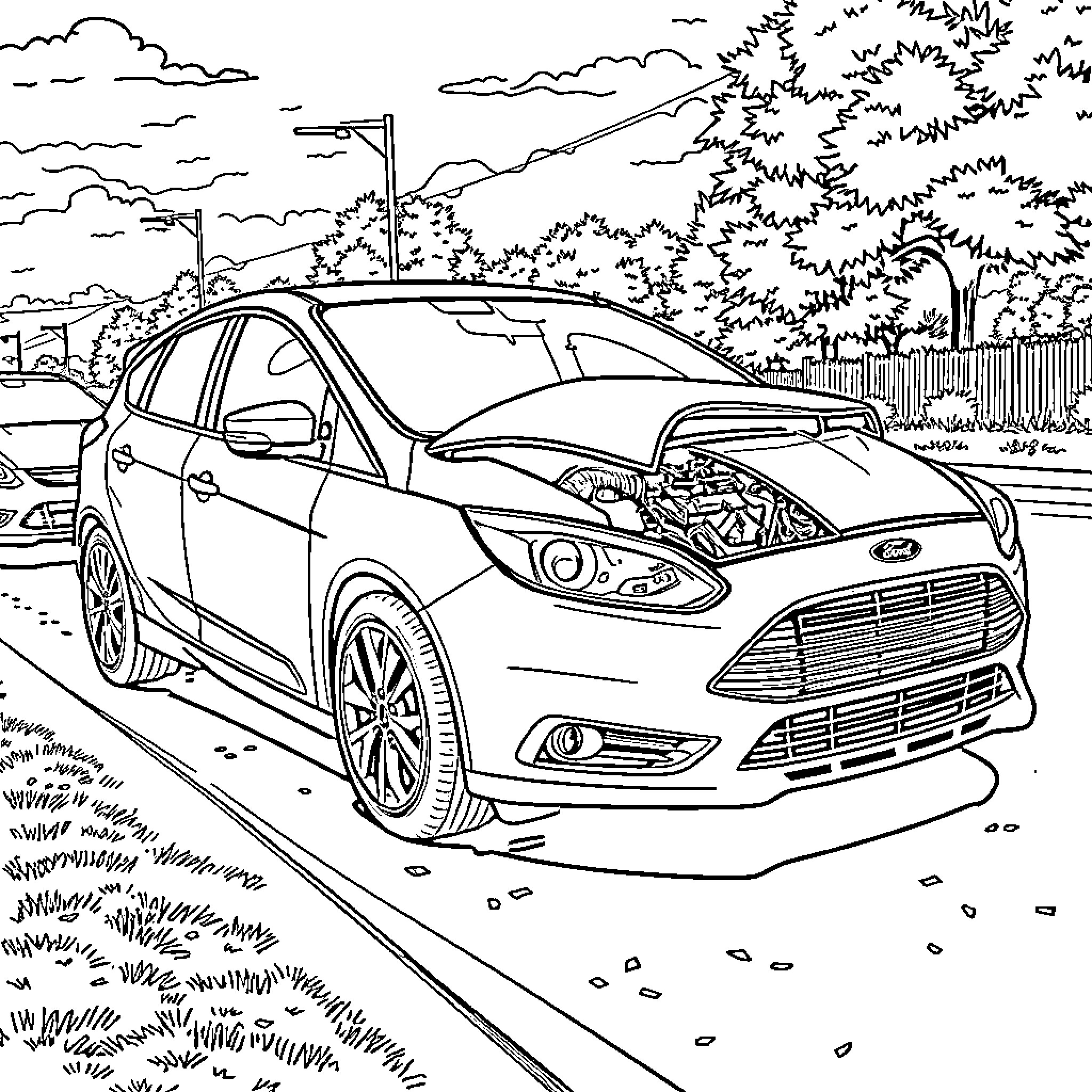 Ford Focus in scenic outdoor environment Coloring Page (free black-and-white line drawing printable PDF for all, from beginners to advanced learners, including children, teens, adults, and seniors)