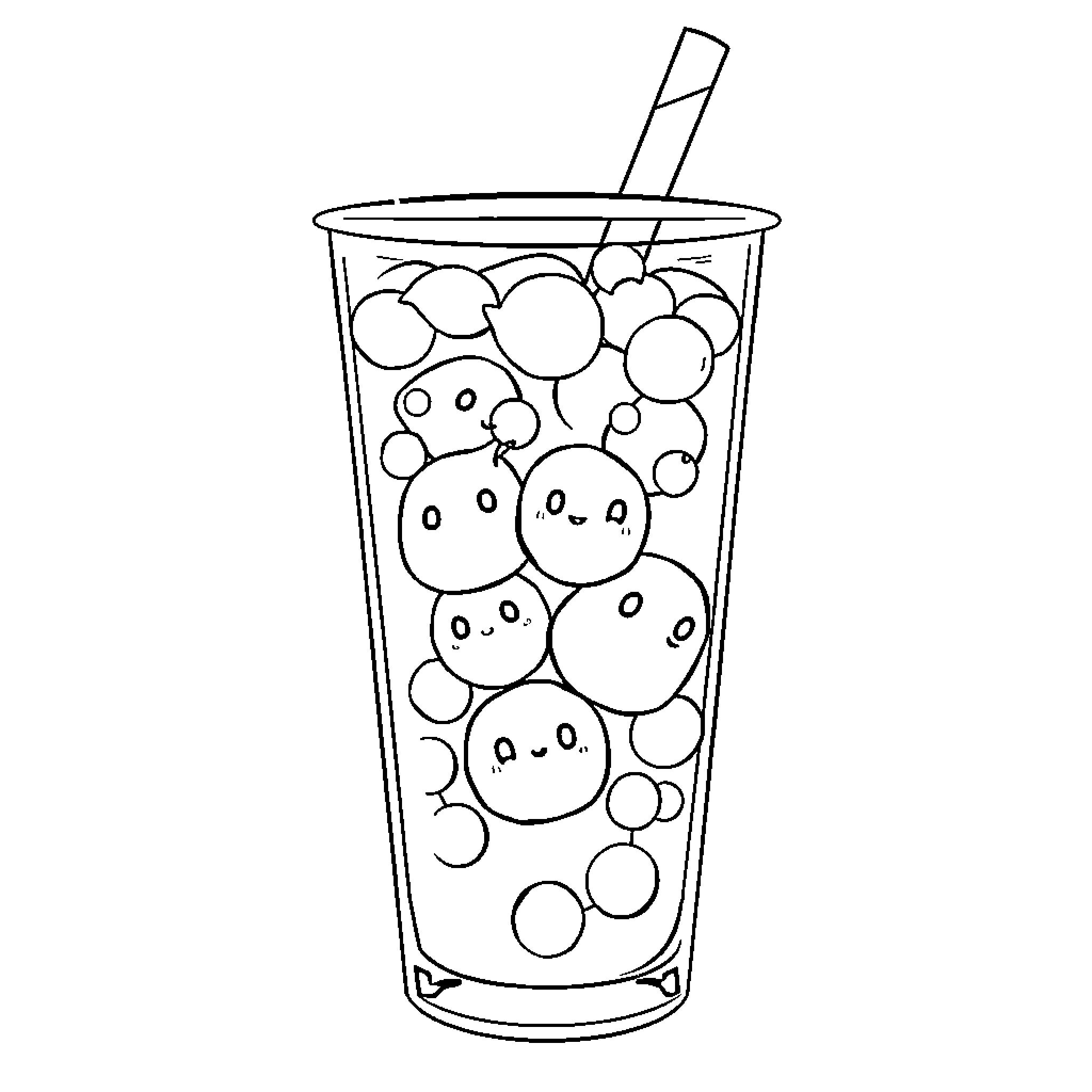 Bubble Tea with Whimsical Bubbles Coloring Page (free black-and-white line drawing printable PDF for all, from beginners to advanced learners, including children, teens, adults, and seniors)
