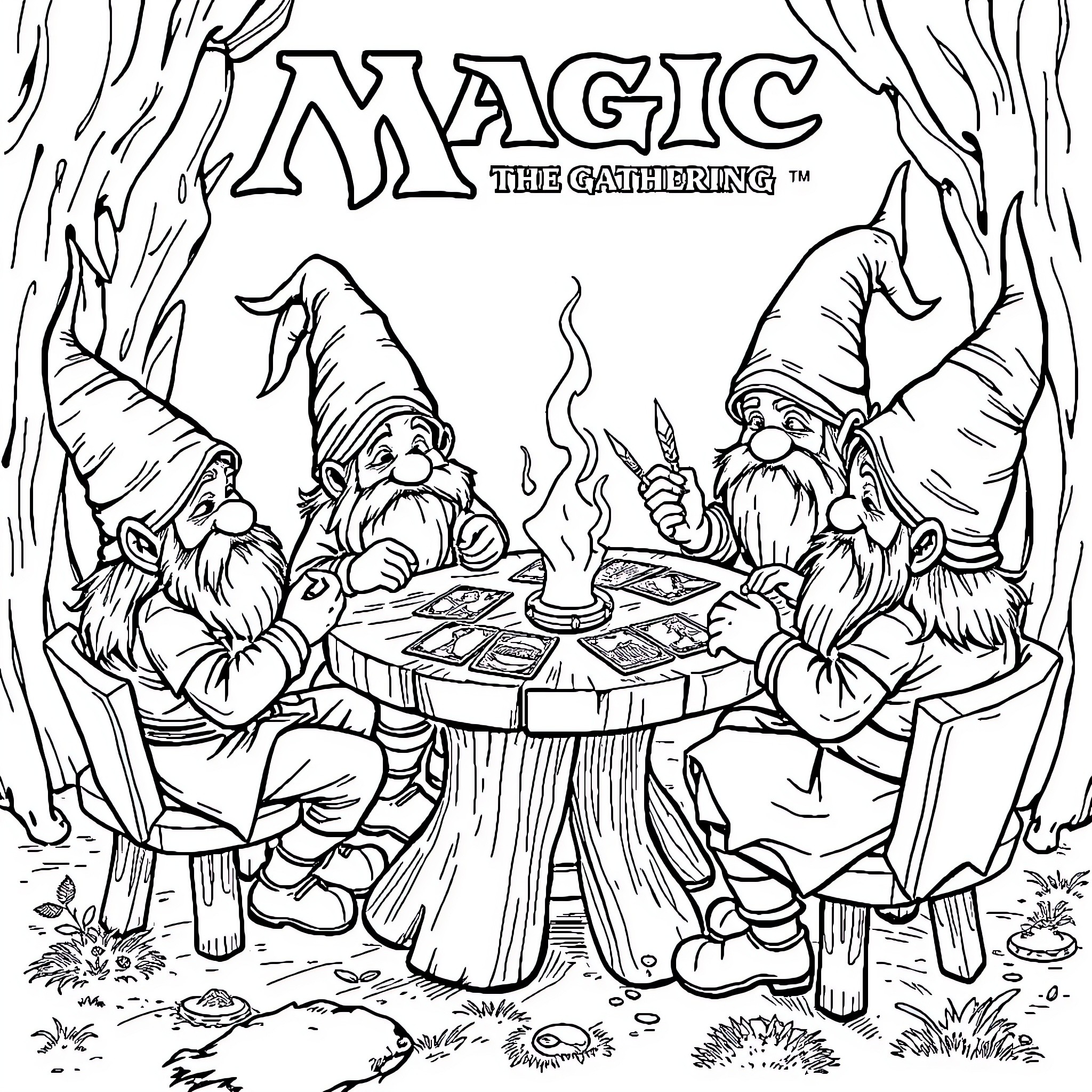 Gnomes engaged in a magical card game Coloring Page (free black-and-white line drawing printable PDF for all, from beginners to advanced learners, including children, teens, adults, and seniors)