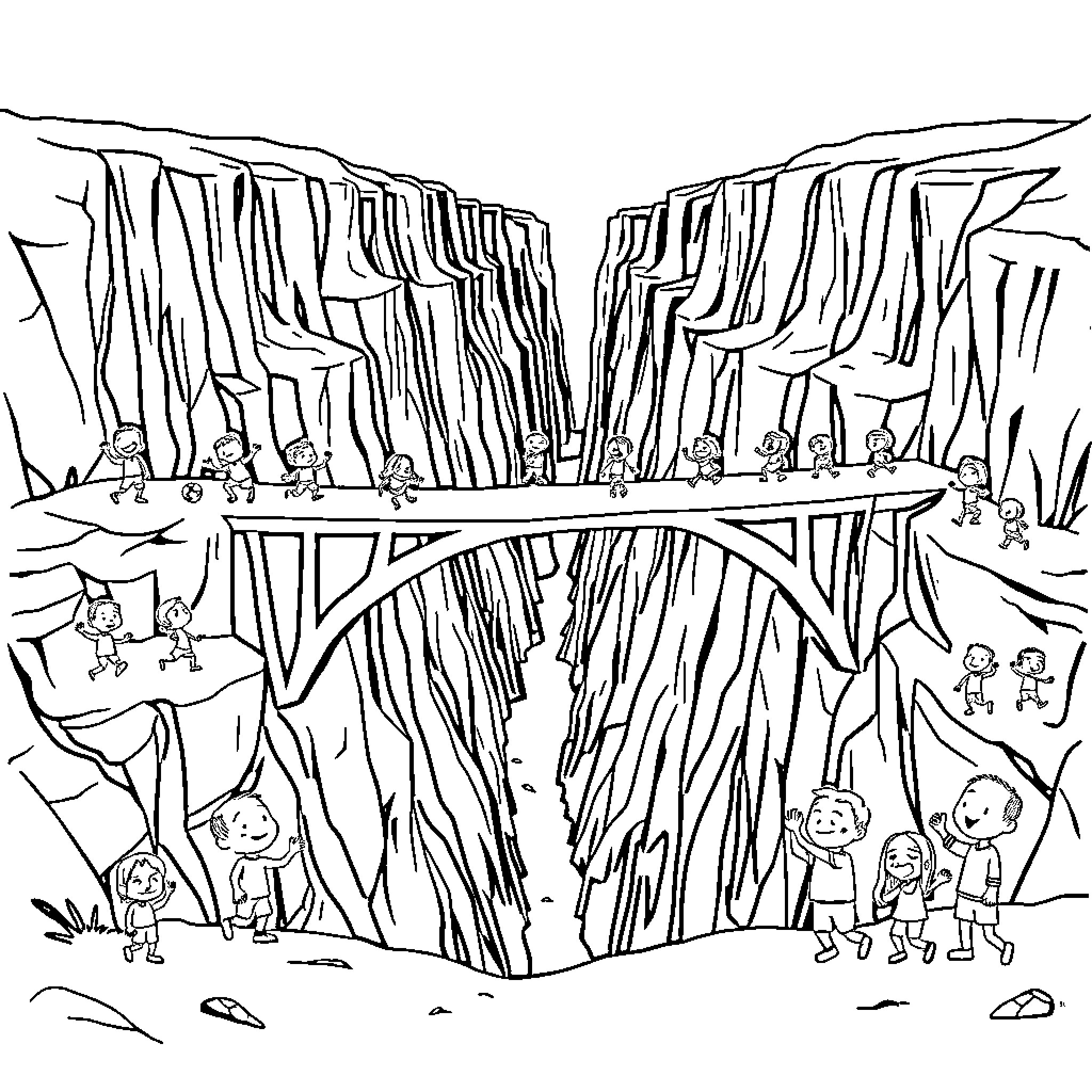 Human figures crossing a bridge over a rugged terrain Coloring Page (free black-and-white line drawing printable PDF for all, from beginners to advanced learners, including children, teens, adults, and seniors)