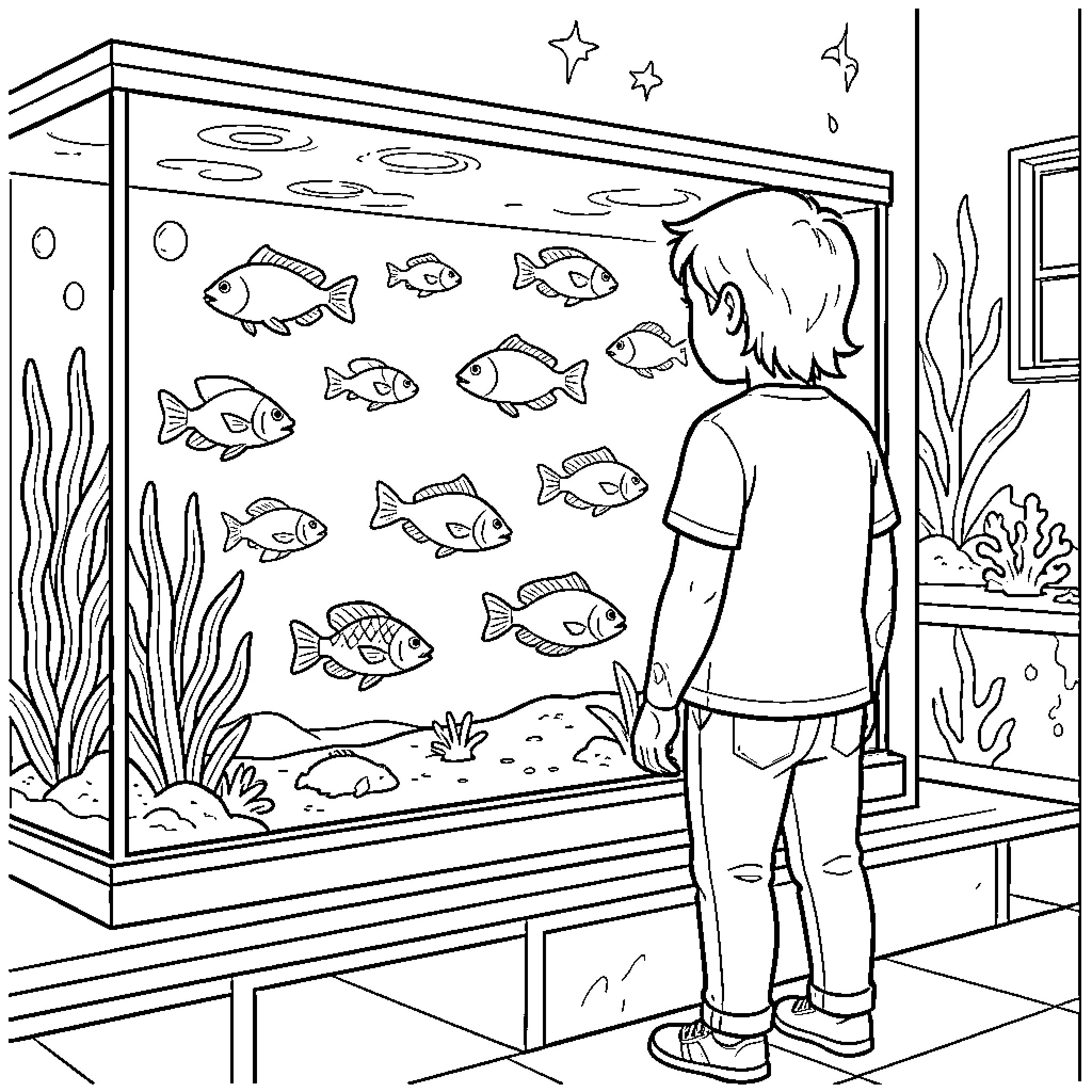 Fish swimming in a large tank viewed by a child Coloring Page (free black-and-white line drawing printable PDF for all, from beginners to advanced learners, including children, teens, adults, and seniors)