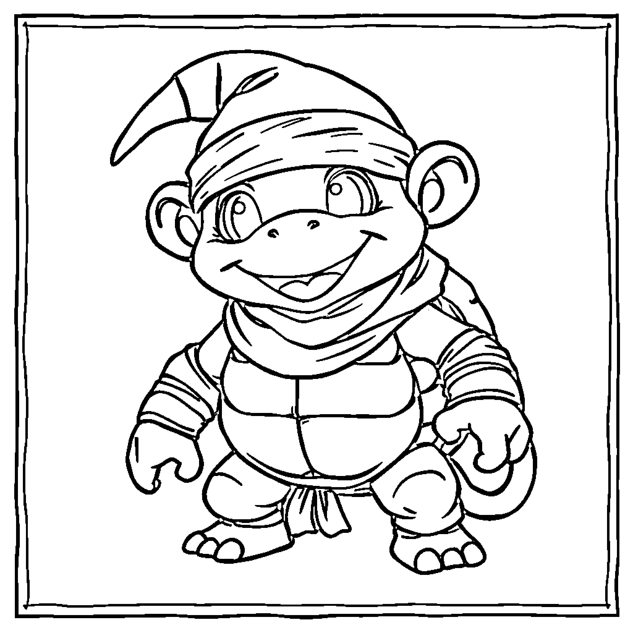 Ninja Turtle in Silly Costume Posing Happily Coloring Page (free black-and-white line drawing printable PDF for all, from beginners to advanced learners, including children, teens, adults, and seniors)