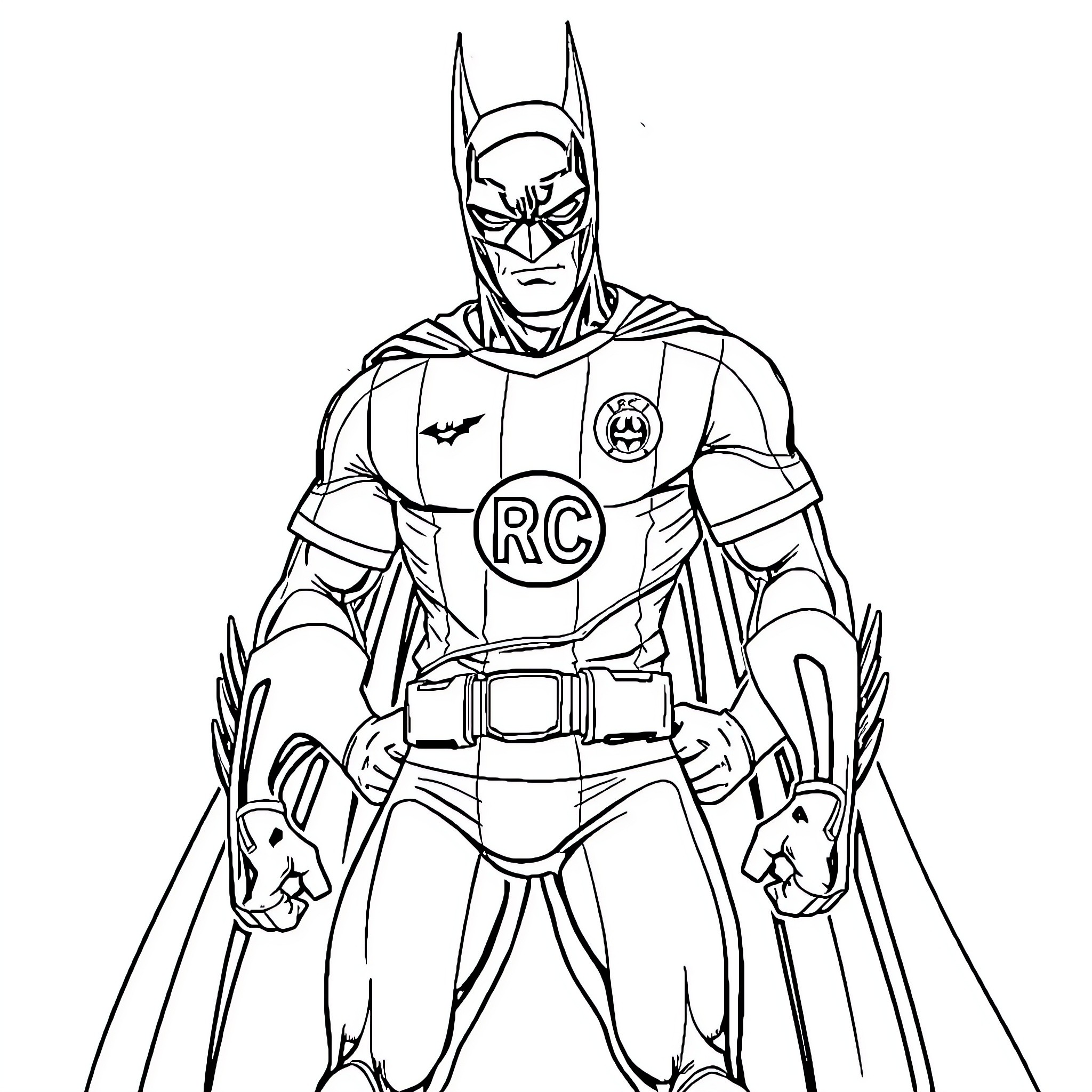 Batman in heroic stance with iconic costume Coloring Page (free black-and-white line drawing printable PDF for all, from beginners to advanced learners, including children, teens, adults, and seniors)