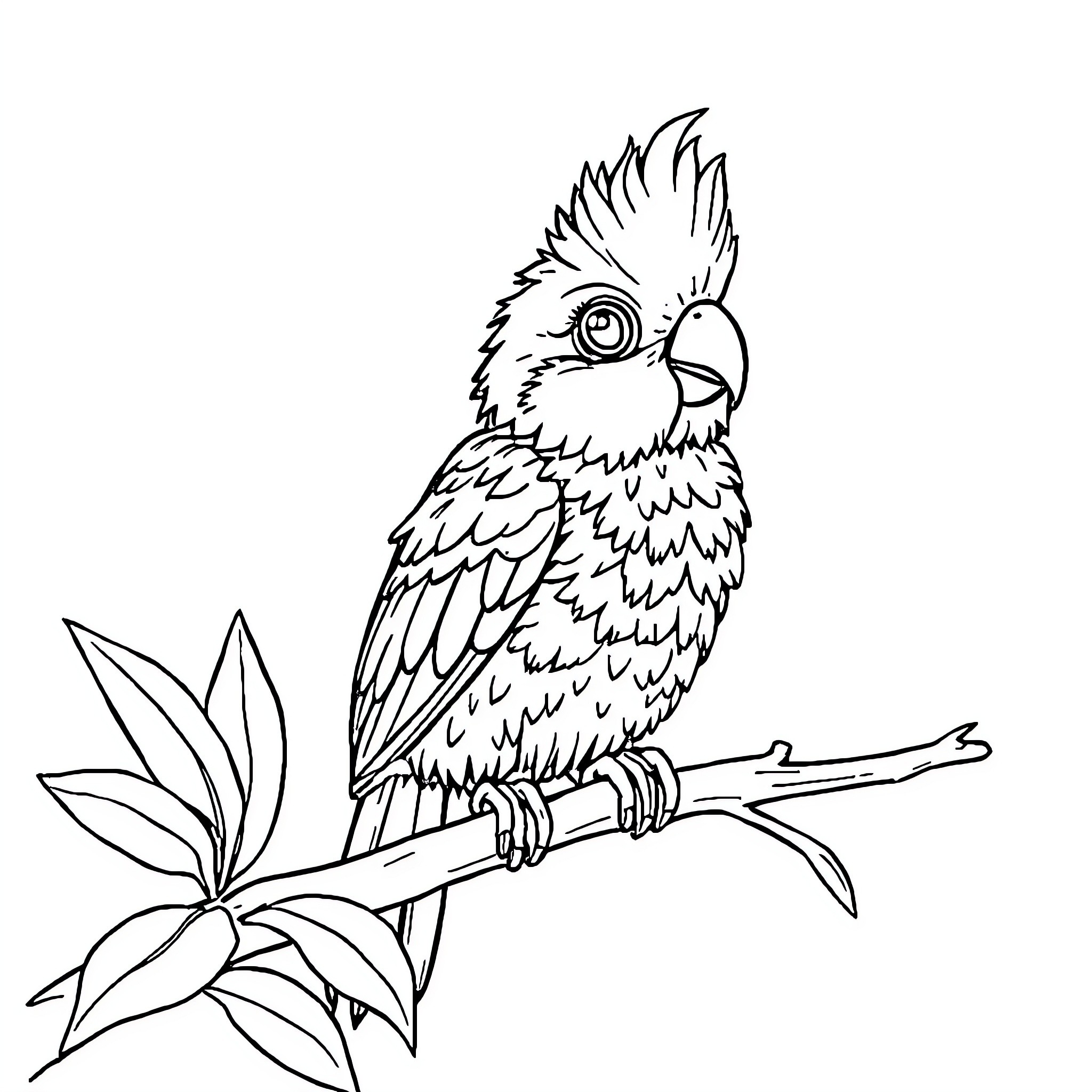 Cat on branch with leaves Coloring Page (free black-and-white line drawing printable PDF for all, from beginners to advanced learners, including children, teens, adults, and seniors)