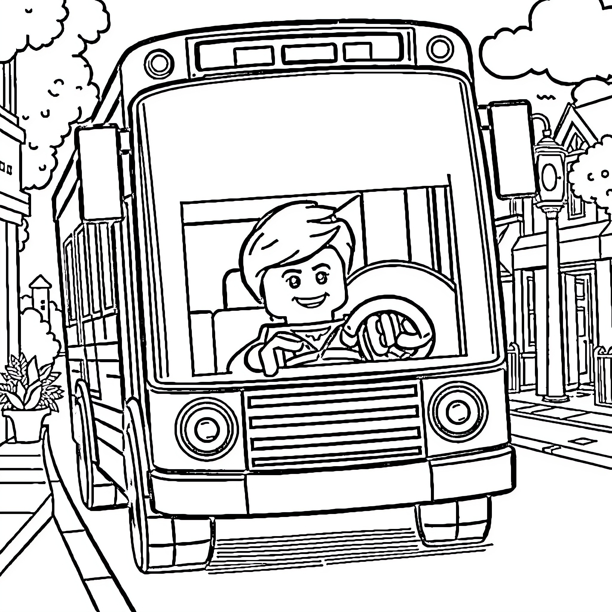 LEGO Minifigure on a city bus Coloring Page (free black-and-white line drawing printable PDF for all, from beginners to advanced learners, including children, teens, adults, and seniors)