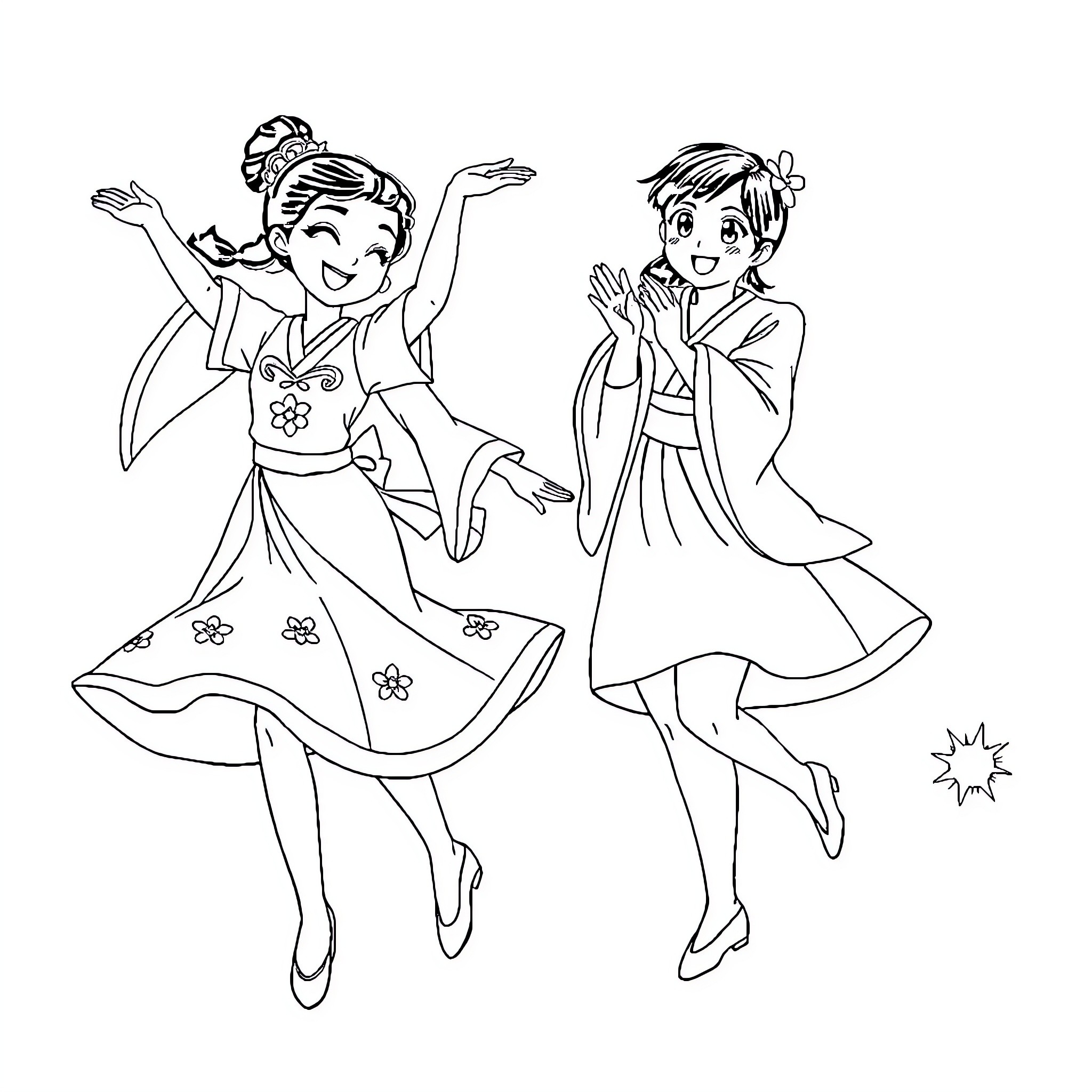 Nezuko and friend dancing joyfully in traditional outfits Coloring Page (free black-and-white line drawing printable PDF for all, from beginners to advanced learners, including children, teens, adults, and seniors)