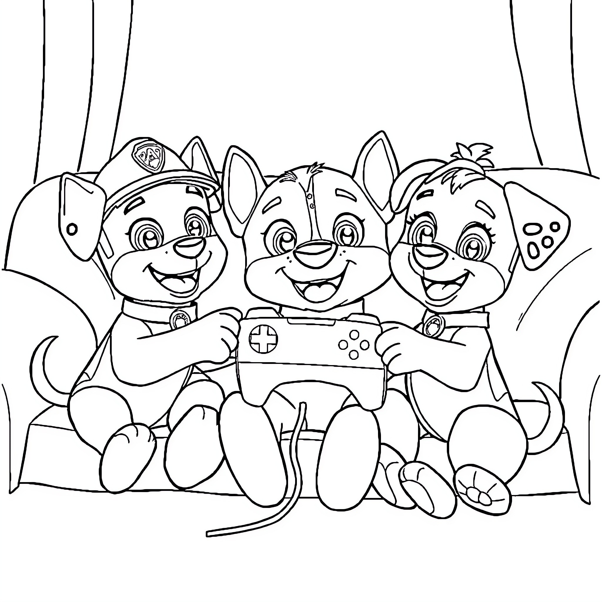 Paw Patrol pups playing video games together Coloring Page (free black-and-white line drawing printable PDF for all, from beginners to advanced learners, including children, teens, adults, and seniors)