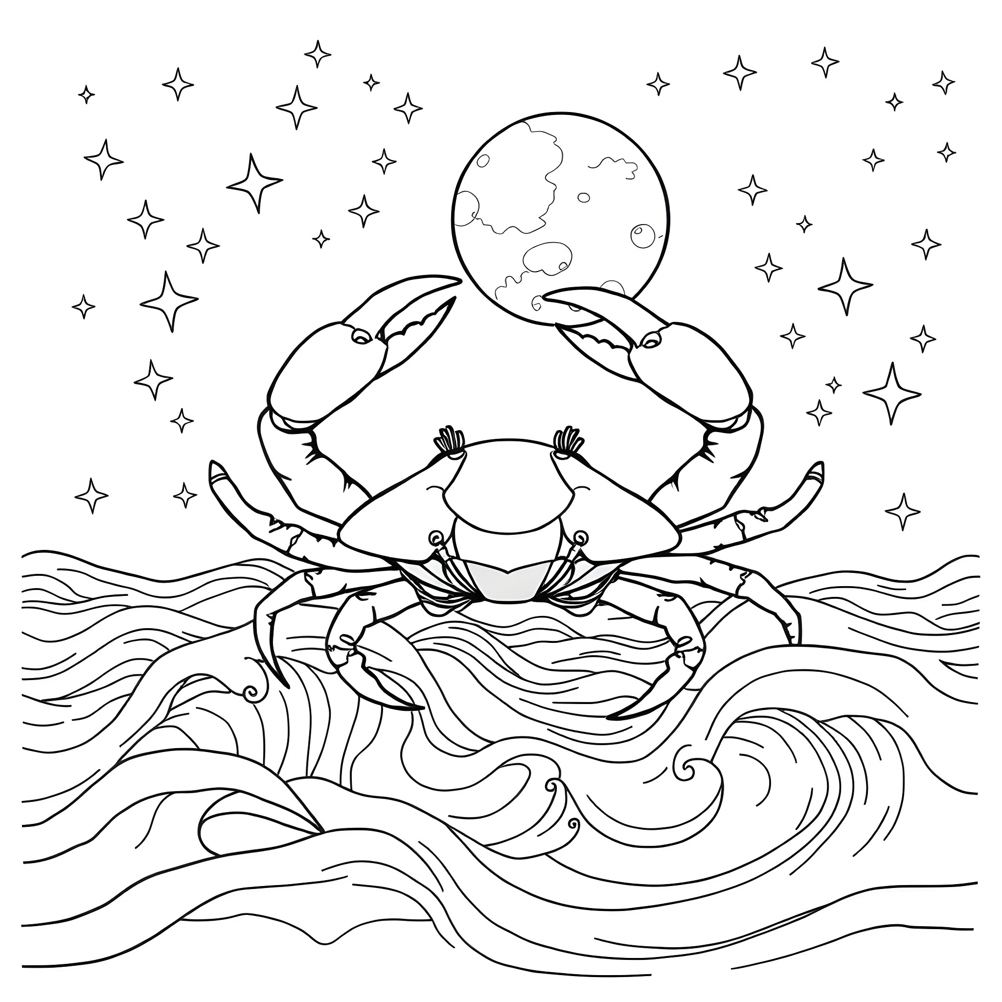 Cancer crab dancing under the moonlight Coloring Page (free black-and-white line drawing printable PDF for all, from beginners to advanced learners, including children, teens, adults, and seniors)