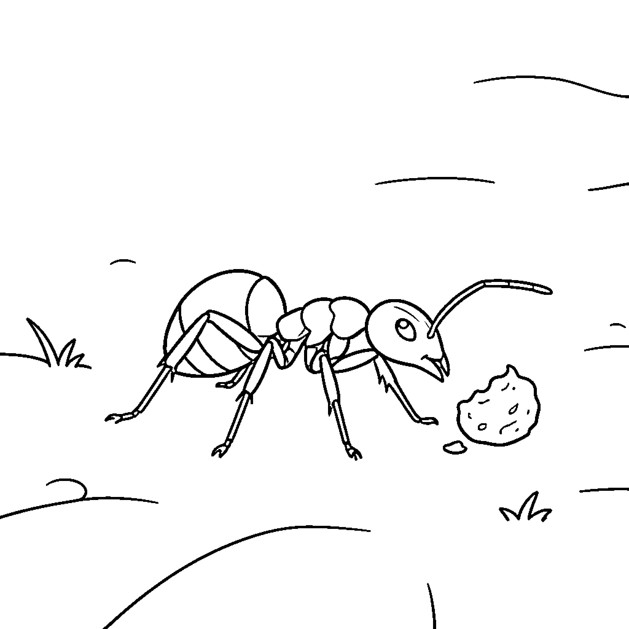 Ant foraging for food in the outdoors Coloring Page (free black-and-white line drawing printable PDF for all, from beginners to advanced learners, including children, teens, adults, and seniors)