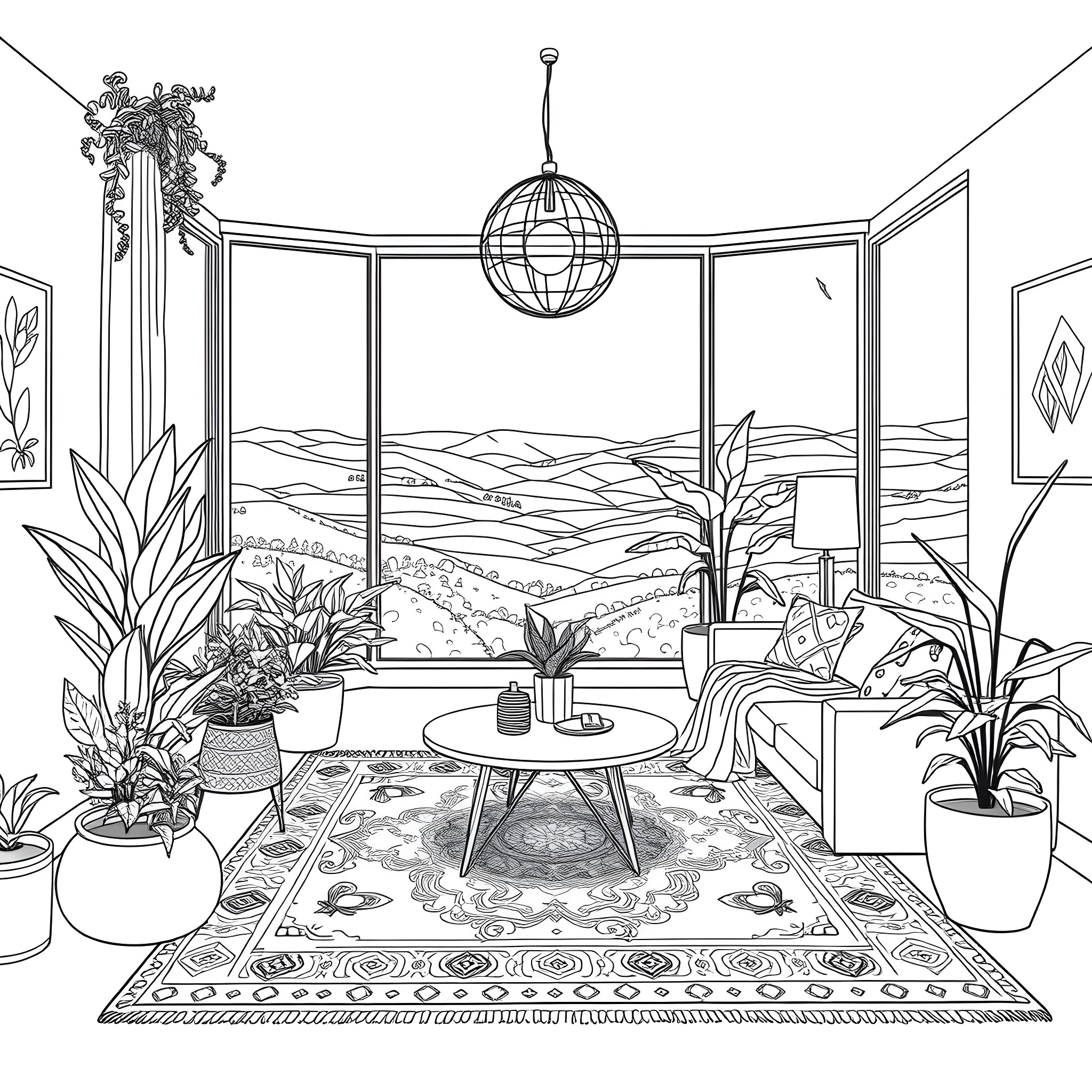 Living Room with Cozy Furnishings and Scenic View Coloring Page (free black-and-white line drawing printable PDF for all, from beginners to advanced learners, including children, teens, adults, and seniors)