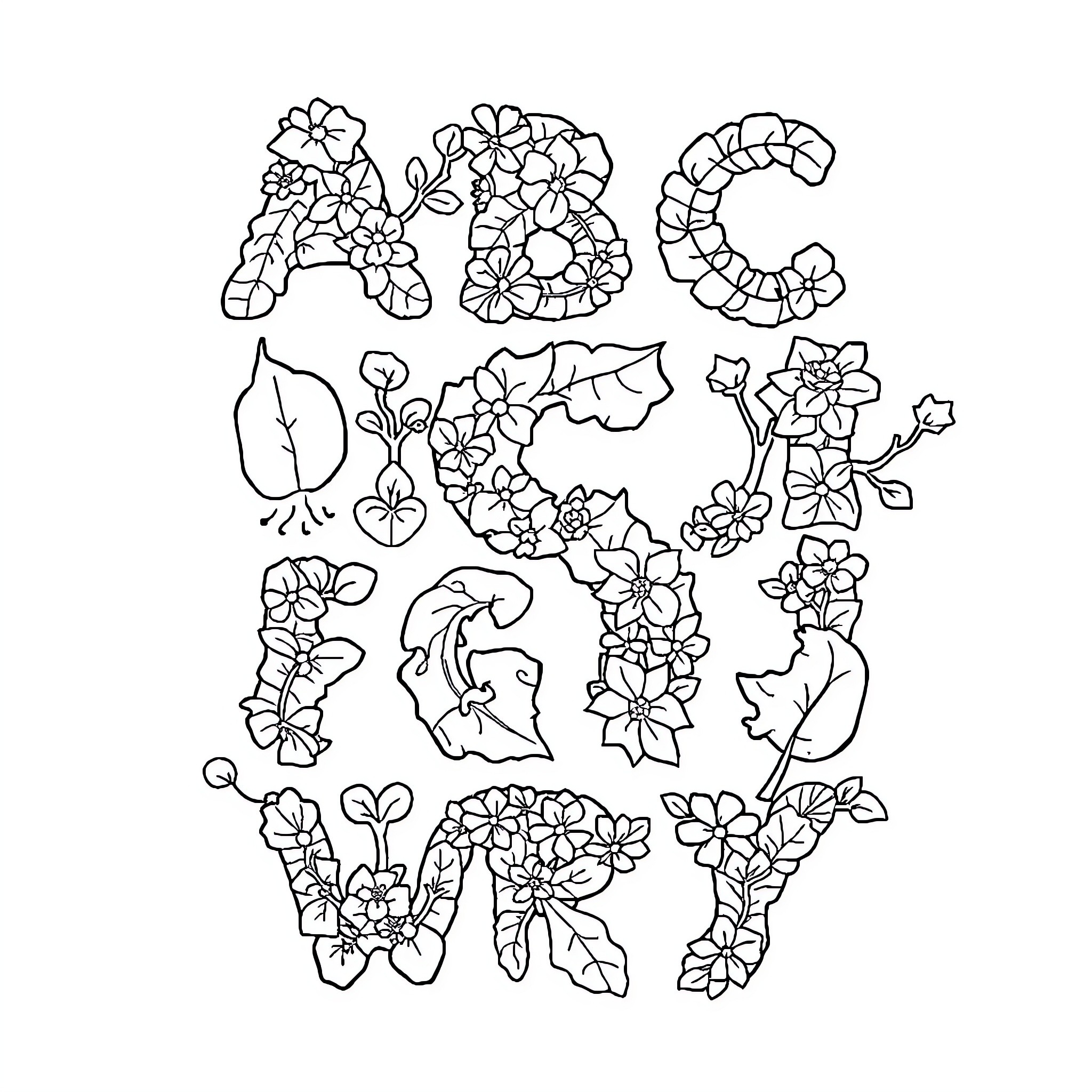 Alphabet floral letters with nature elements Coloring Page (free black-and-white line drawing printable PDF for all, from beginners to advanced learners, including children, teens, adults, and seniors)