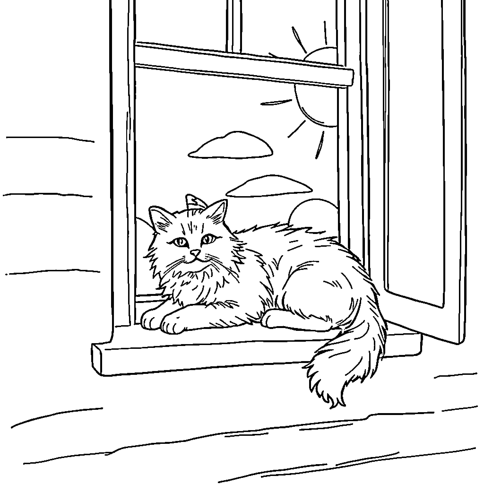 Cat relaxing by the window Coloring Page (free black-and-white line drawing printable PDF for all, from beginners to advanced learners, including children, teens, adults, and seniors)