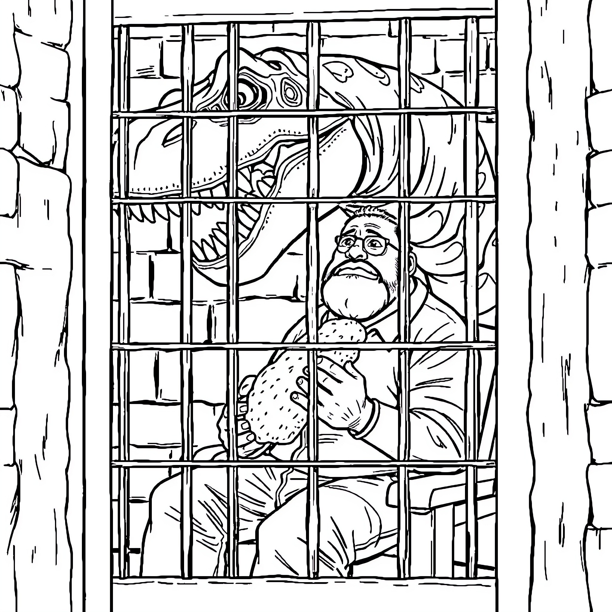 Dinosaur Captive in Jail Cell Coloring Page (free black-and-white line drawing printable PDF for all, from beginners to advanced learners, including children, teens, adults, and seniors)