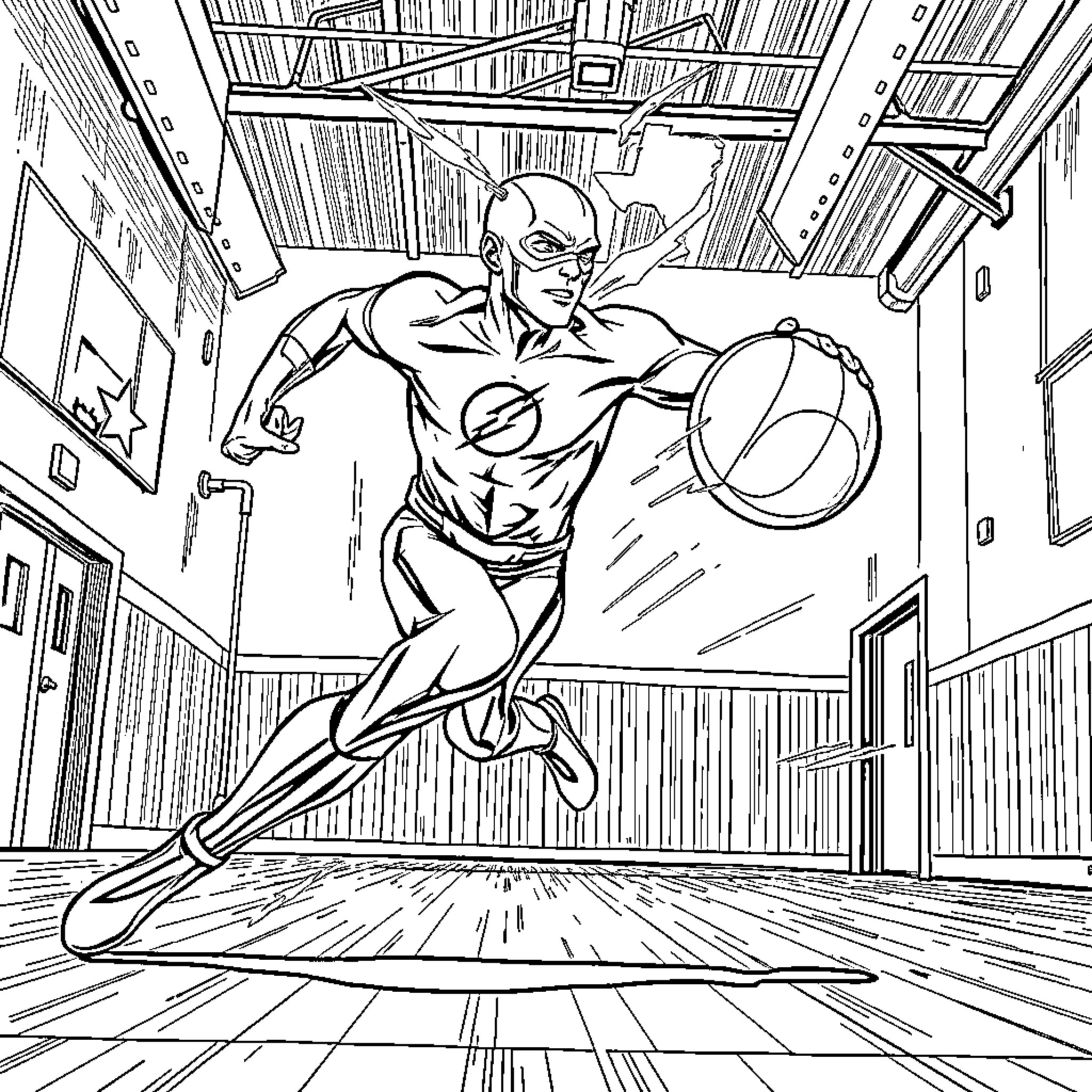 Flash speeding through the gymnasium Coloring Page (free black-and-white line drawing printable PDF for all, from beginners to advanced learners, including children, teens, adults, and seniors)