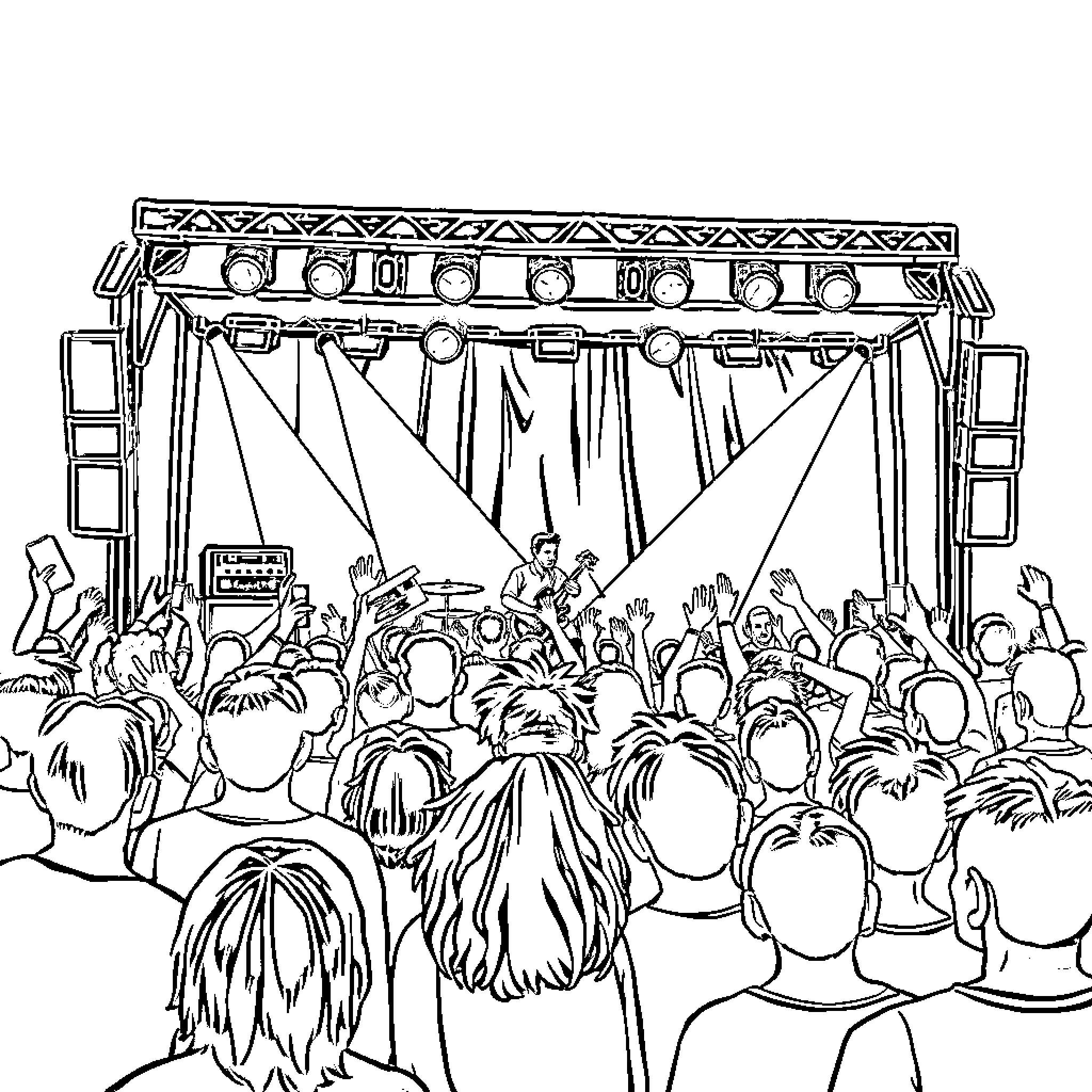 Cone-shaped stage with crowd at a music event Coloring Page (free black-and-white line drawing printable PDF for all, from beginners to advanced learners, including children, teens, adults, and seniors)