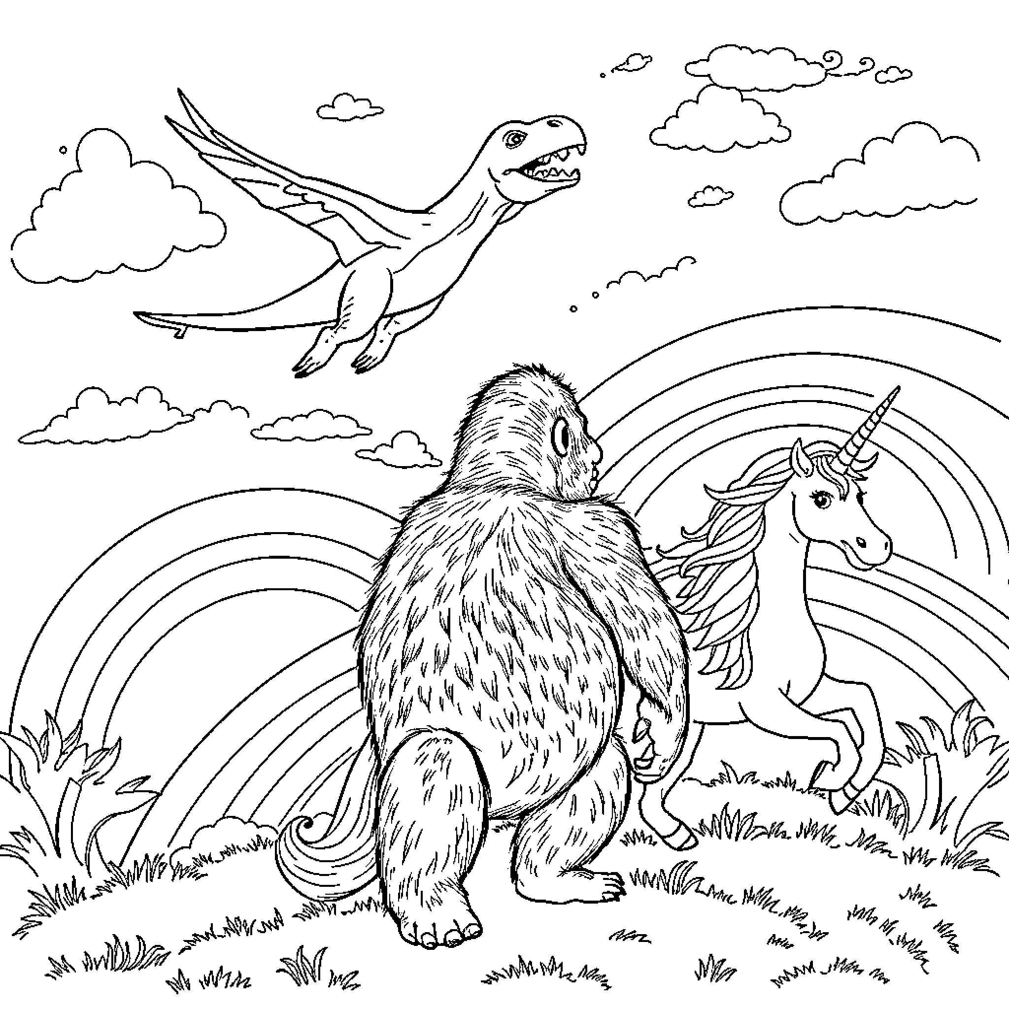 Dinosaur and Mythical Creatures in Fantastical Landscape Coloring Page (free black-and-white line drawing printable PDF for all, from beginners to advanced learners, including children, teens, adults, and seniors)