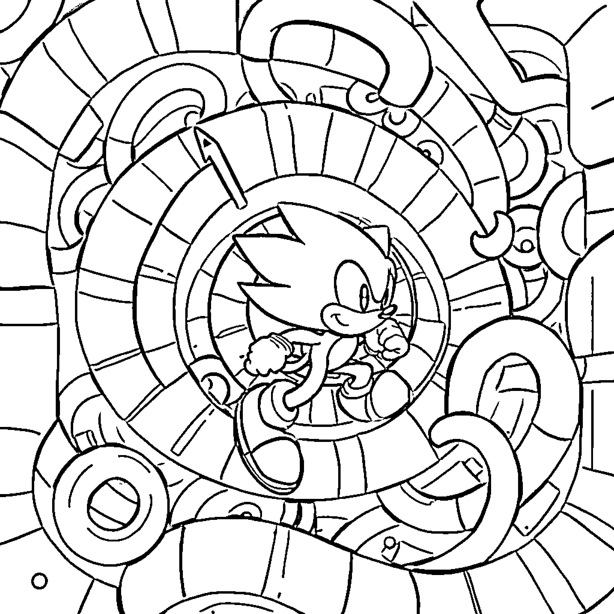 Sonic's Whimsical Dimensional Journey Coloring Page (free black-and-white line drawing printable PDF for all, from beginners to advanced learners, including children, teens, adults, and seniors)