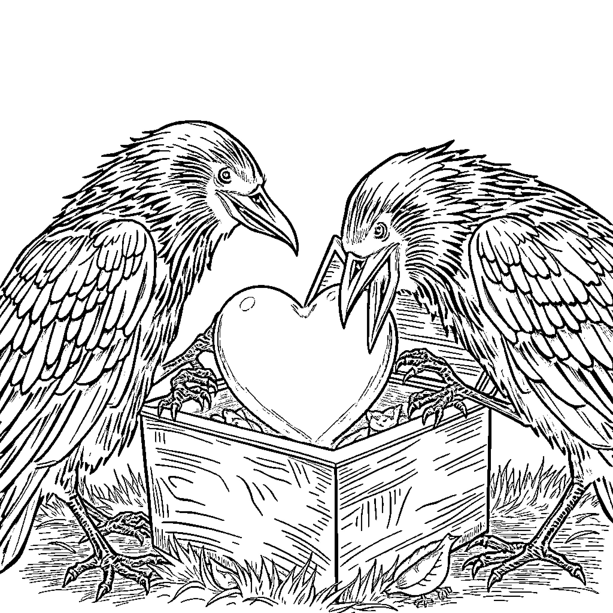 Raven Pair Sharing a Heart-Shaped Book Coloring Page (free black-and-white line drawing printable PDF for all, from beginners to advanced learners, including children, teens, adults, and seniors)