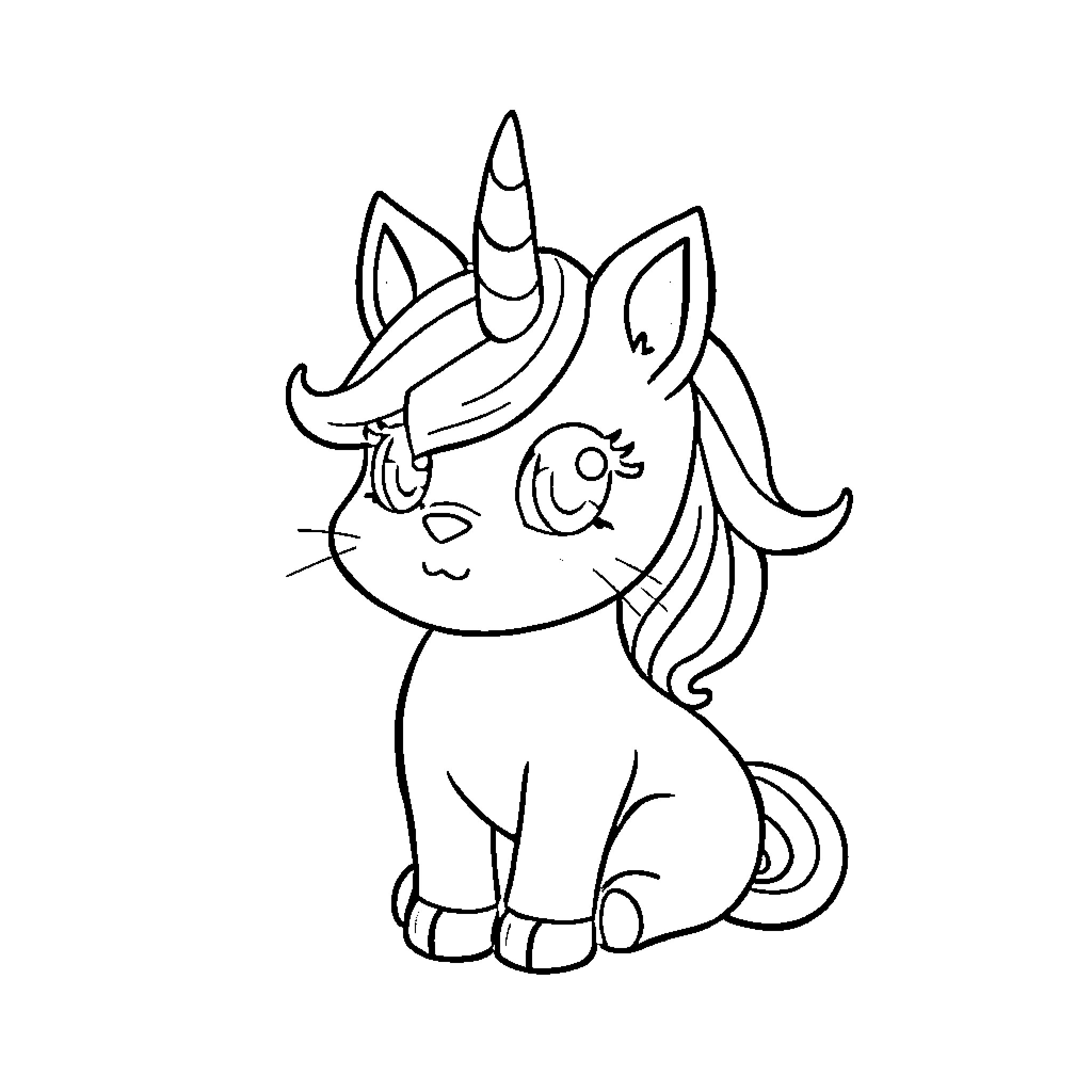 Unicorn Cat sitting happily Coloring Page (free black-and-white line drawing printable PDF for all, from beginners to advanced learners, including children, teens, adults, and seniors)