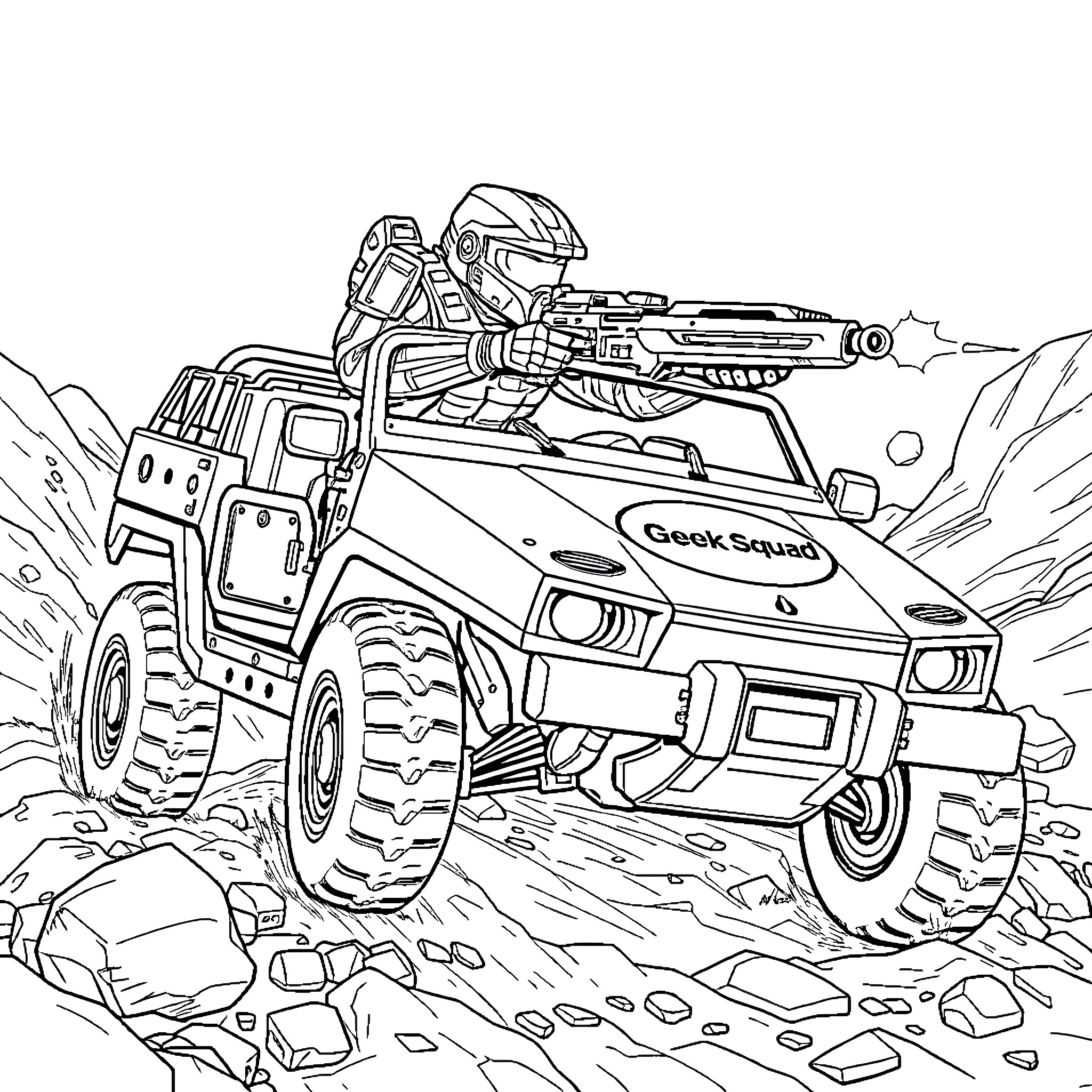 Warthog armored vehicle on rocky terrain Coloring Page (free black-and-white line drawing printable PDF for all, from beginners to advanced learners, including children, teens, adults, and seniors)