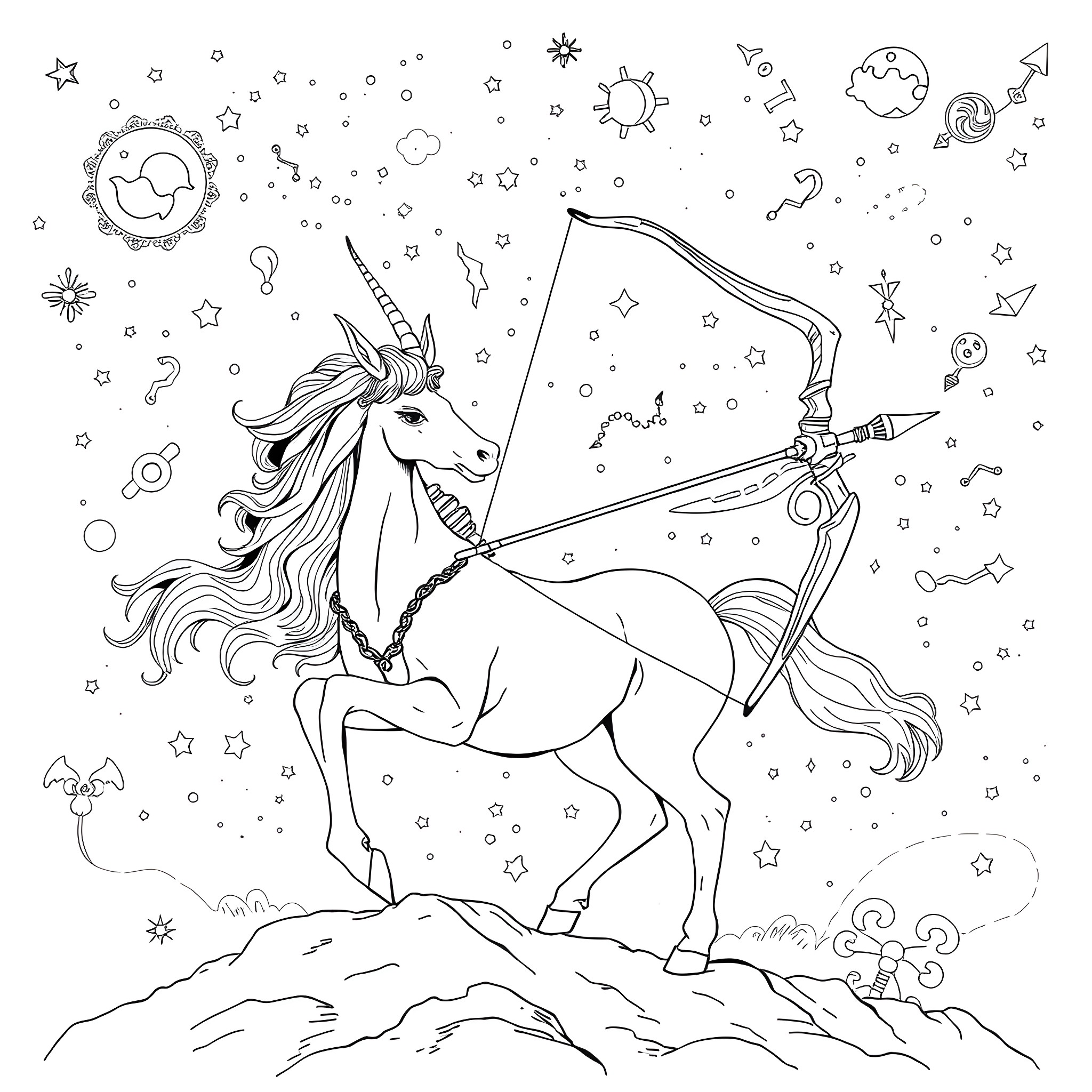 Sagittarius unicorn archer shooting stars in the night sky Coloring Page (free black-and-white line drawing printable PDF for all, from beginners to advanced learners, including children, teens, adults, and seniors)